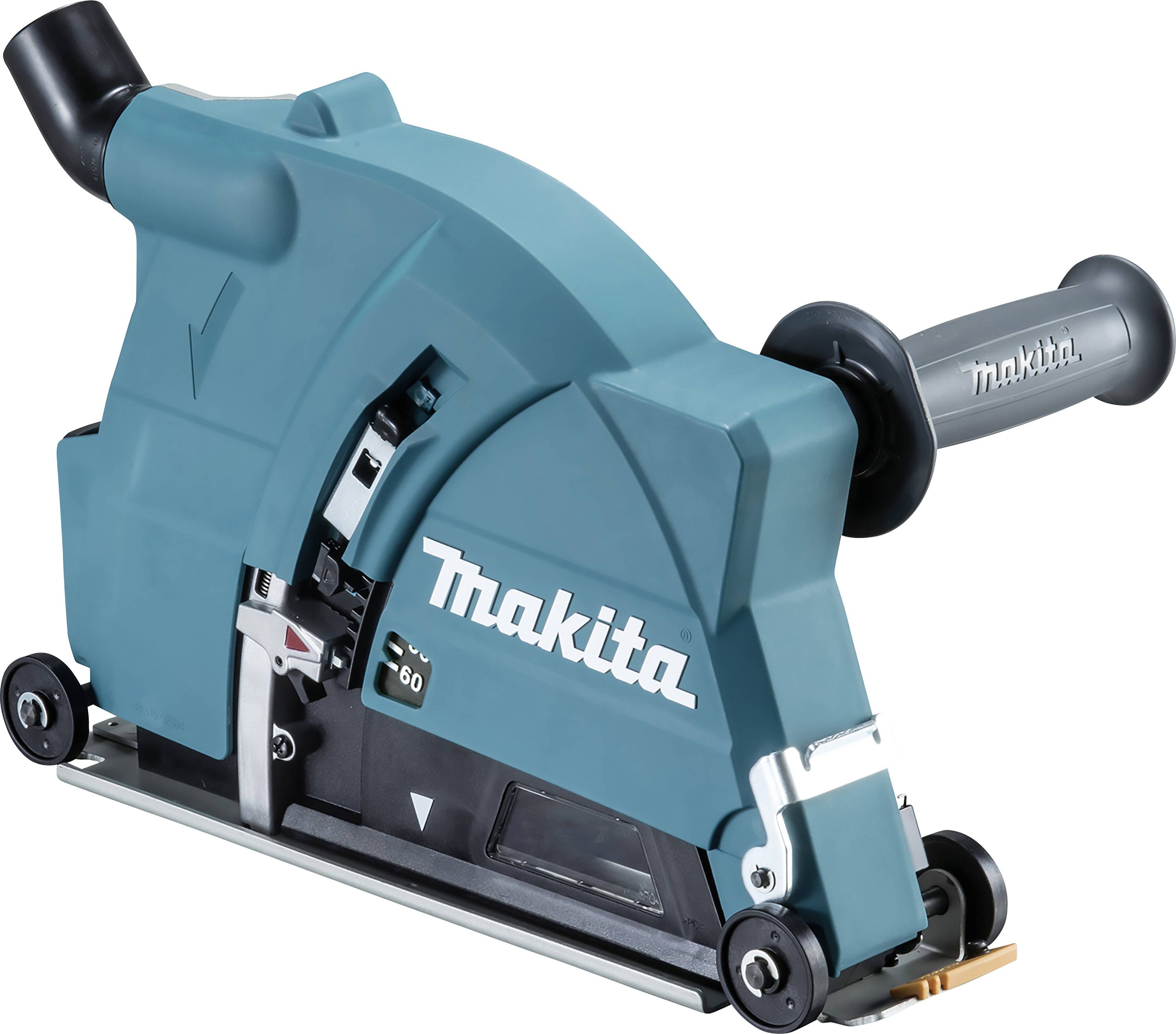 Une rainureuse murale bleue Makita avec une poignée ergonomique et des roues en bas pour guider l'appareil. Idéale pour une coupe précise.
