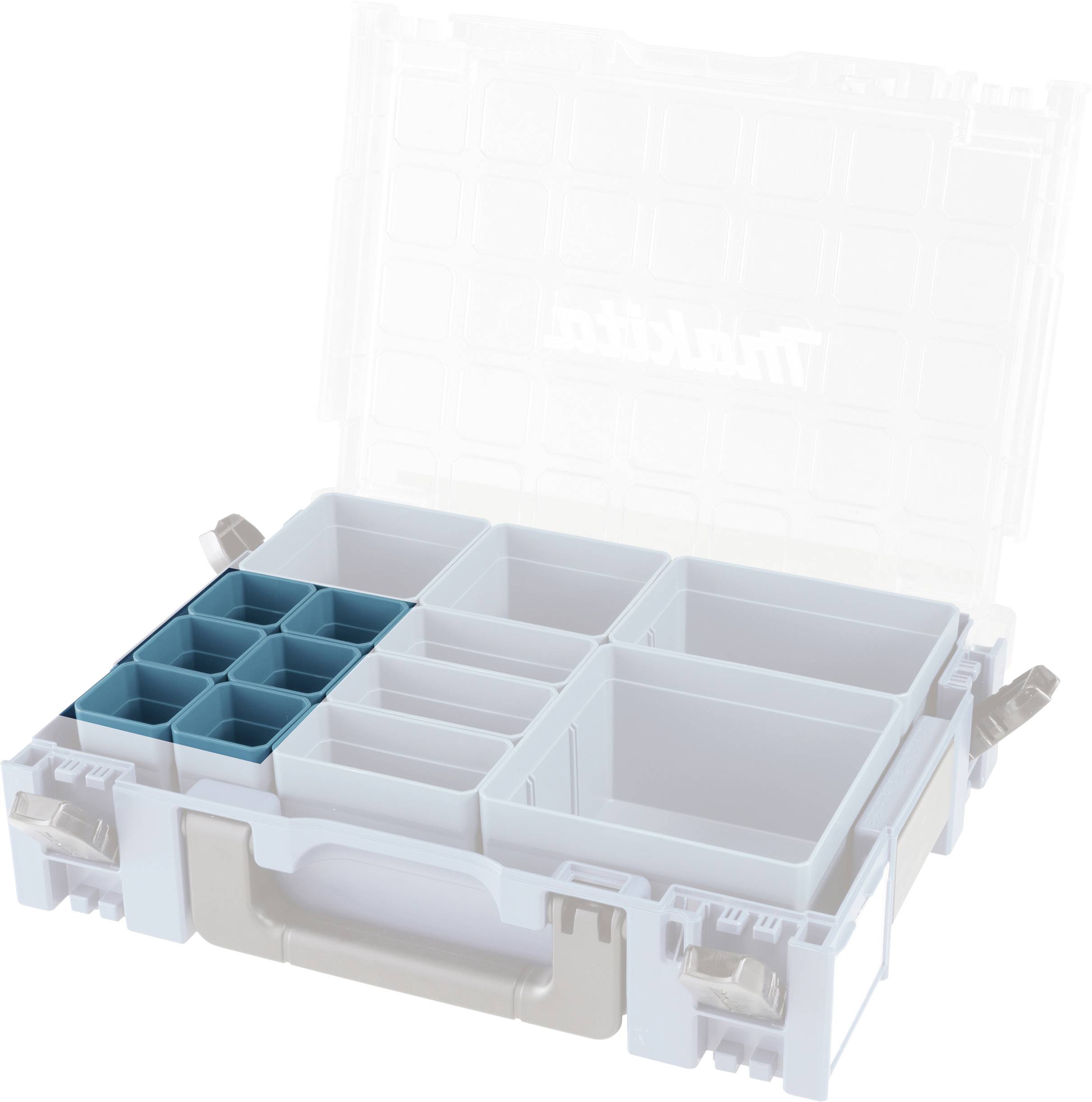 Boîte à outils ouverte avec différents compartiments amovibles pour le rangement de petites pièces.