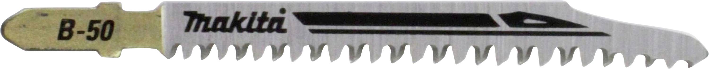 Une lame de scie portant l'inscription 'Makita B-50', adaptée aux scies sauteuses, présente des dents dentelées et une extrémité de fixation.
