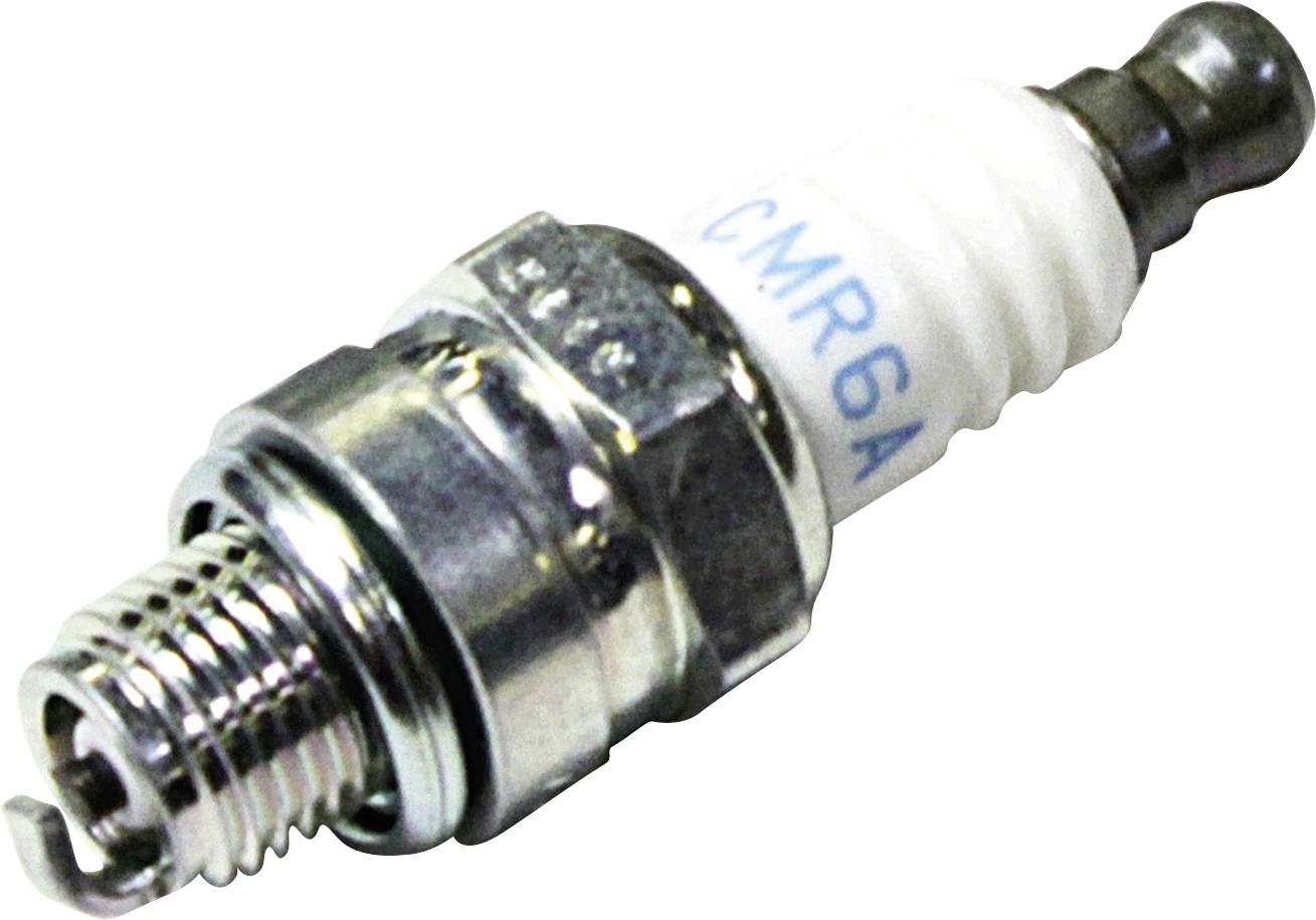 Bougie d'allumage pour moteurs, modèle 'CMR6A', en métal et céramique, présentant une vue détaillée fine des électrodes et de l'isolateur.
