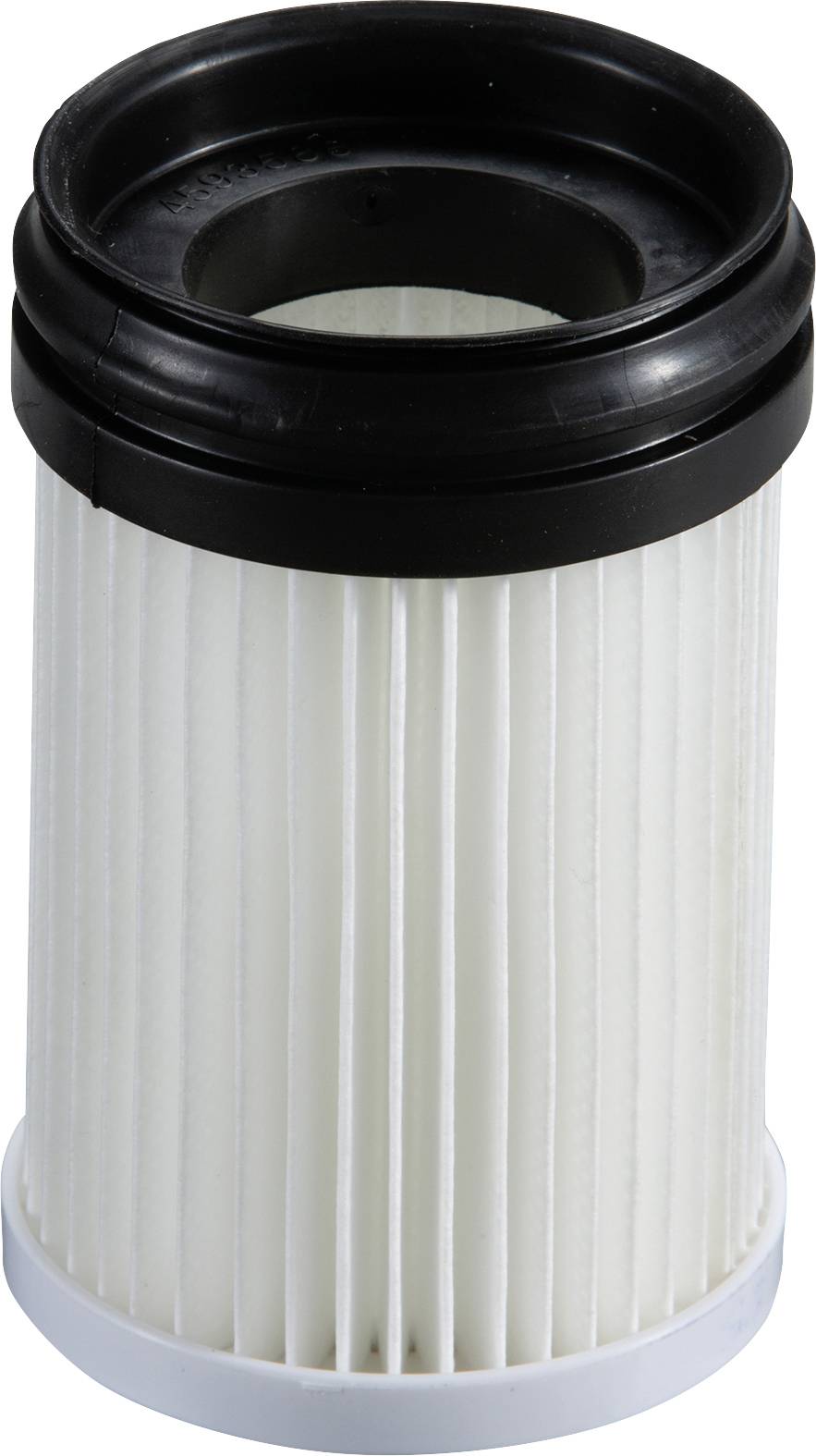 Filtre à air cylindrique blanc avec bordure noire, adapté pour purificateurs d'air ou aspirateurs.