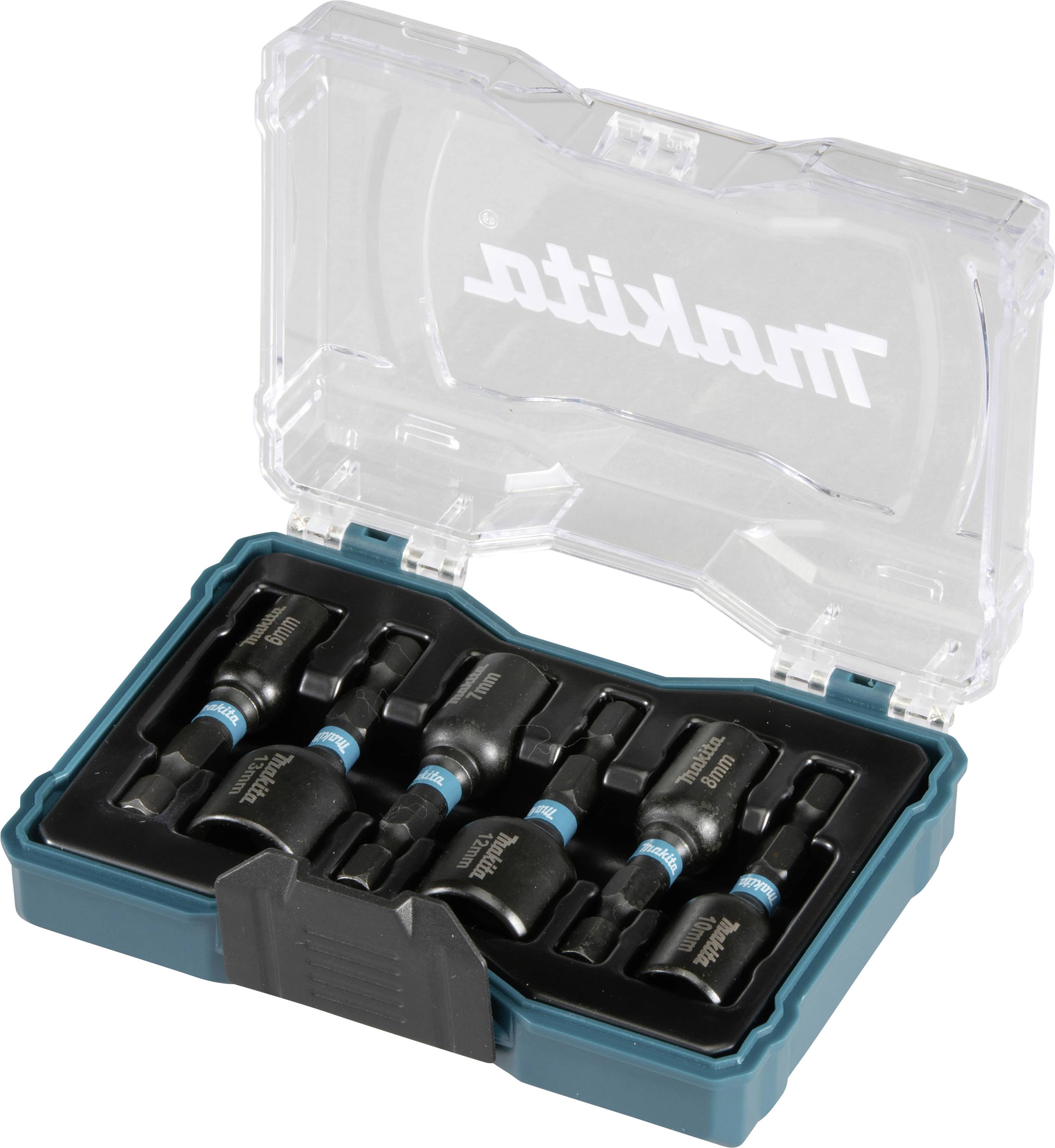 Un coffret en plastique ouvert montre un ensemble de huit embouts de vissage de différentes tailles, adaptés aux travaux manuels.