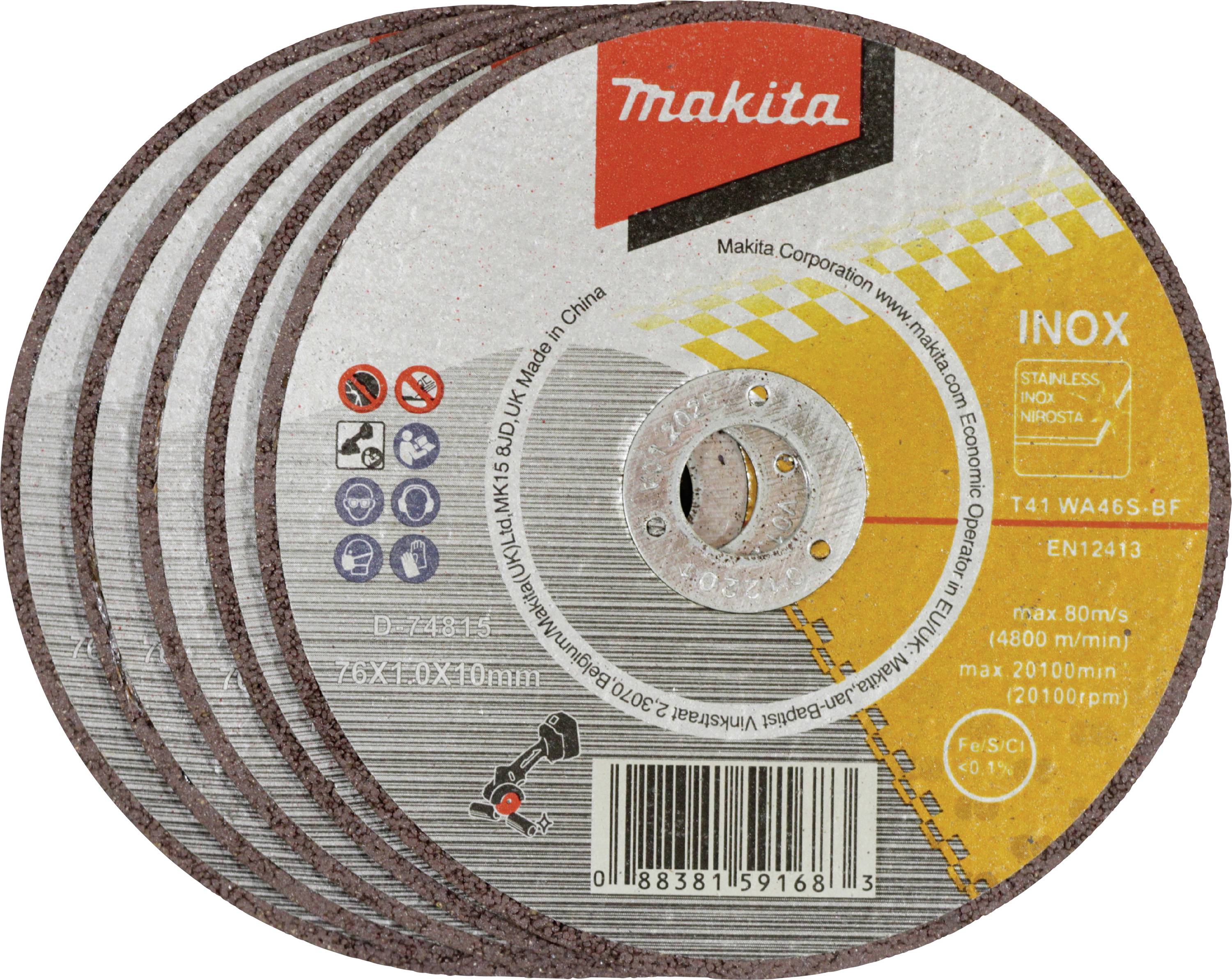 Six disques à meuler en métal, marque Makita, type INOX, avec les détails de la spécification du produit et les informations du fabricant imprimés.