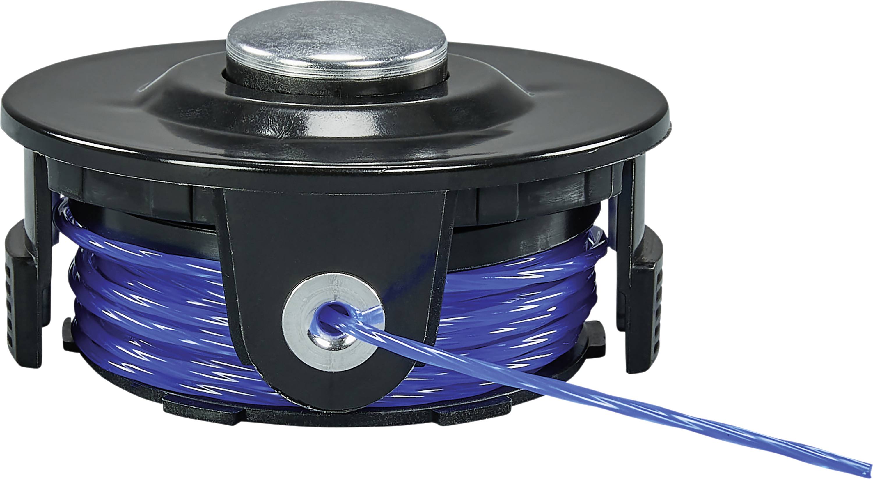 Une bobine noire avec un fil en plastique bleu, adaptée aux débroussailleuses. Couvercle central en métal pour une meilleure fixation du fil.