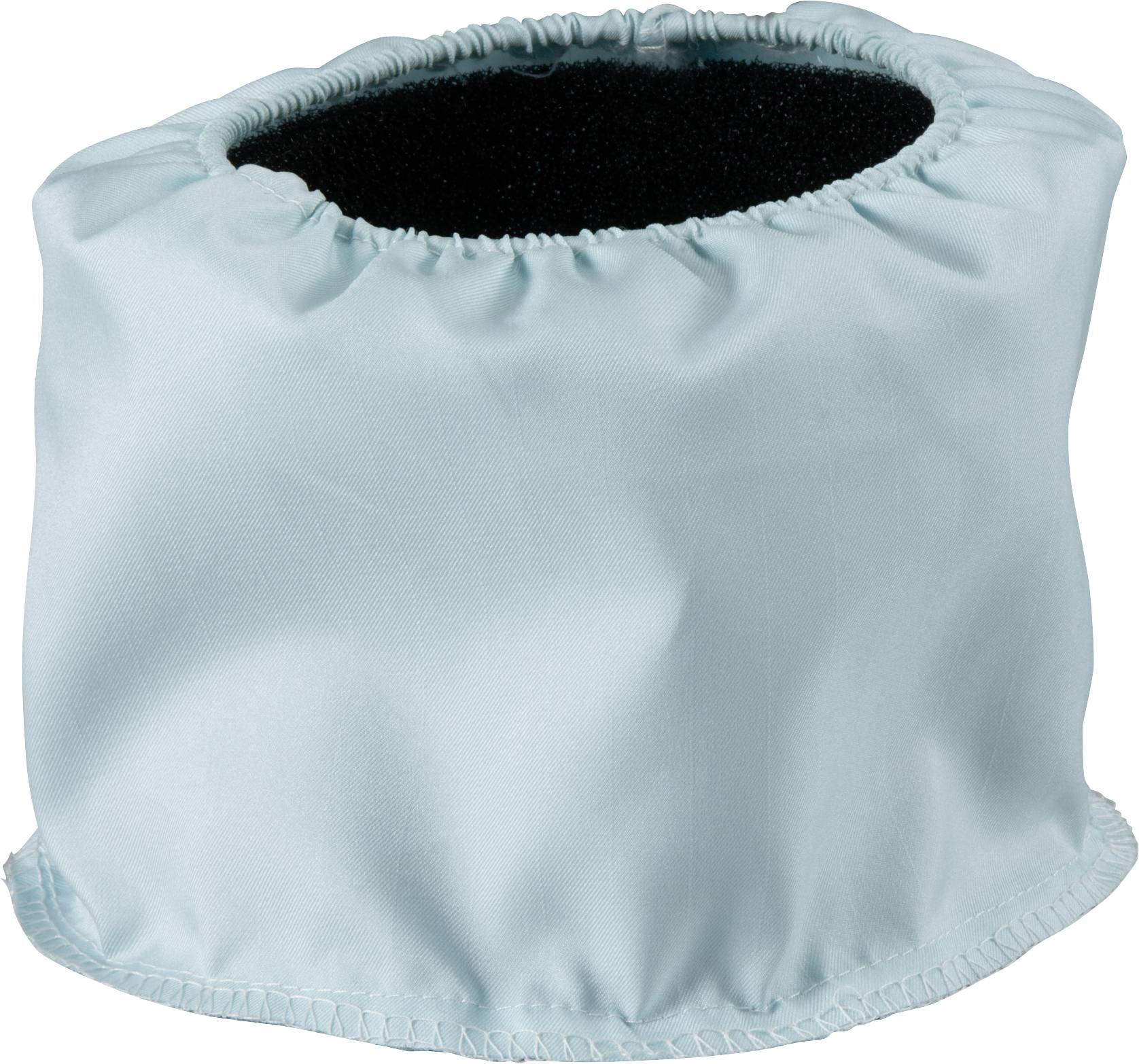 Un chapeau en tissu turquoise à bord élastique.