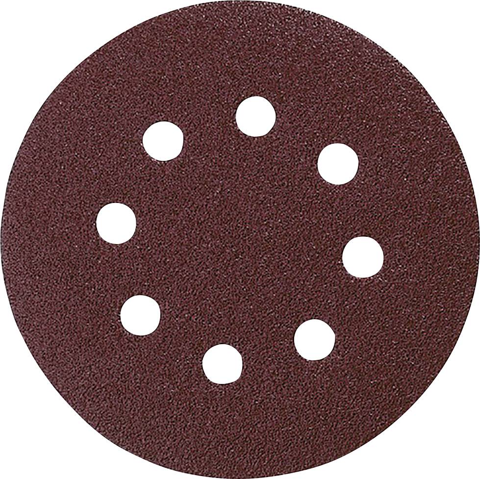 Disque abrasif à huit trous pour l'aspiration des poussières, surface rouge foncé, conçu pour une utilisation dans des machines de ponçage industrielles ou artisanales.