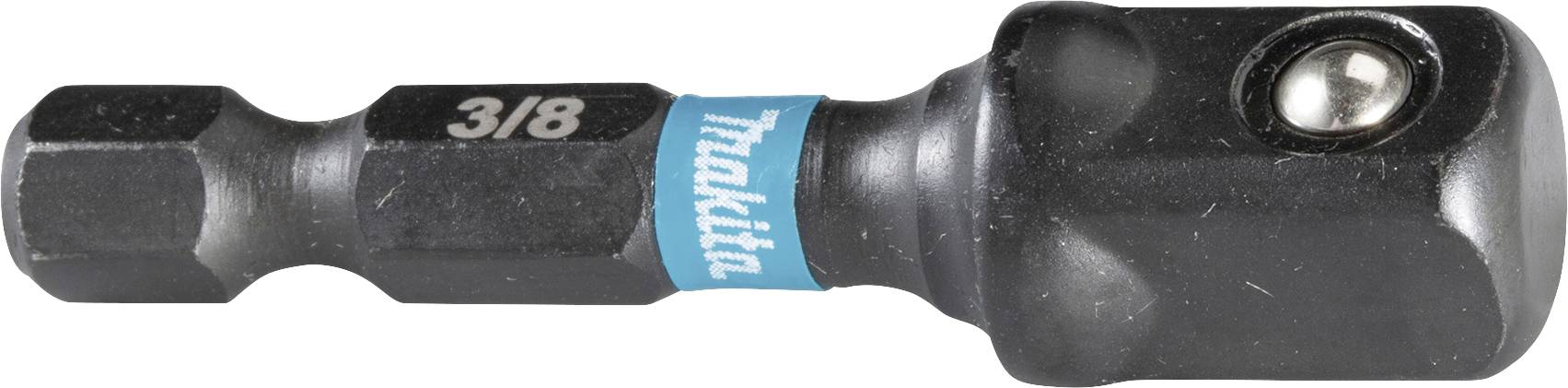Adaptateur métallique portant les inscriptions 'Makita' et '3/8', utilisé pour connecter des accessoires d'outils à une perceuse-visseuse.