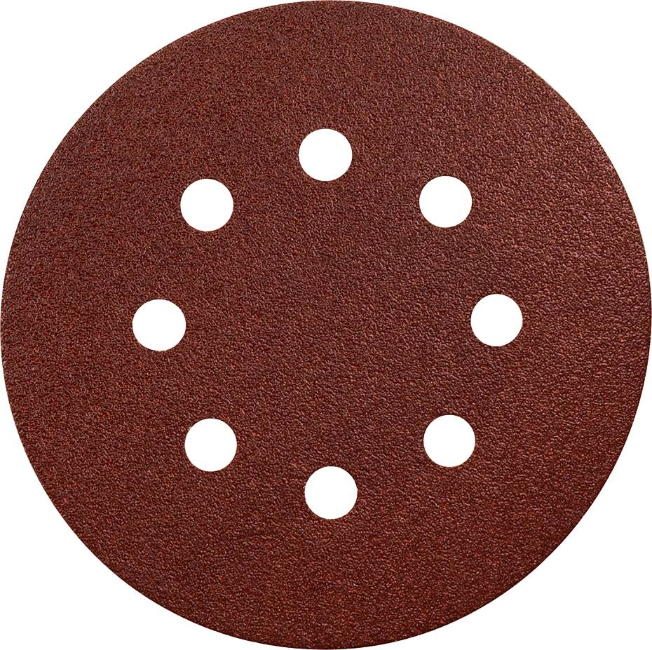 Disque de ponçage rond avec huit trous pour machine à poncer, matériau brun structuré.