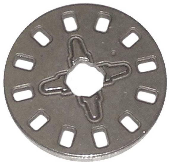 Une rondelle métallique avec un trou central hexagonal et des échancrures symétriques sur le pourtour. Elle sert de plaque de renfort dans des applications techniques.