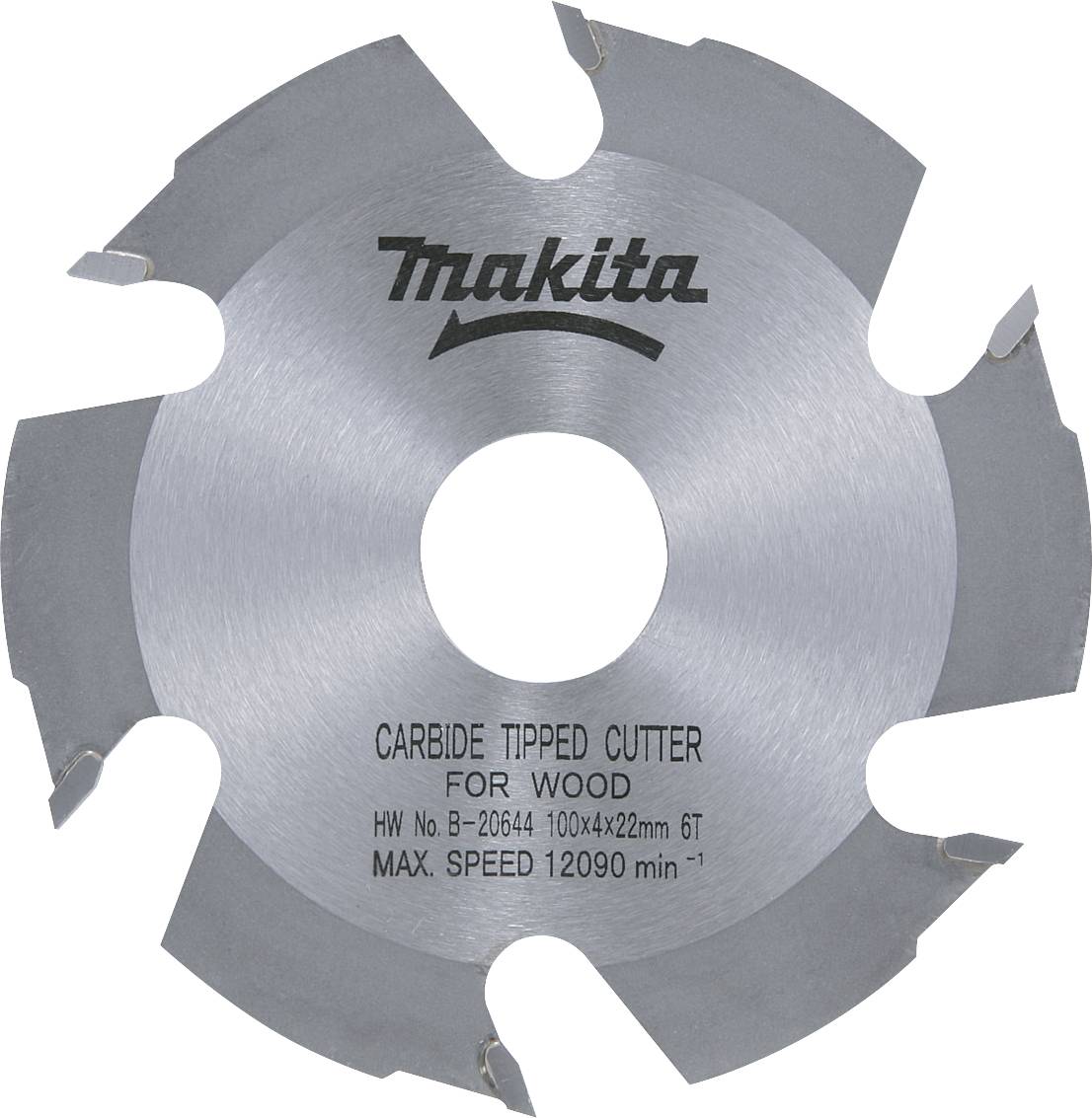 Une lame de scie circulaire en argent de la marque Makita, avec six dents, adaptée pour le bois. Vitesse max. : 12 090 min⁻¹.