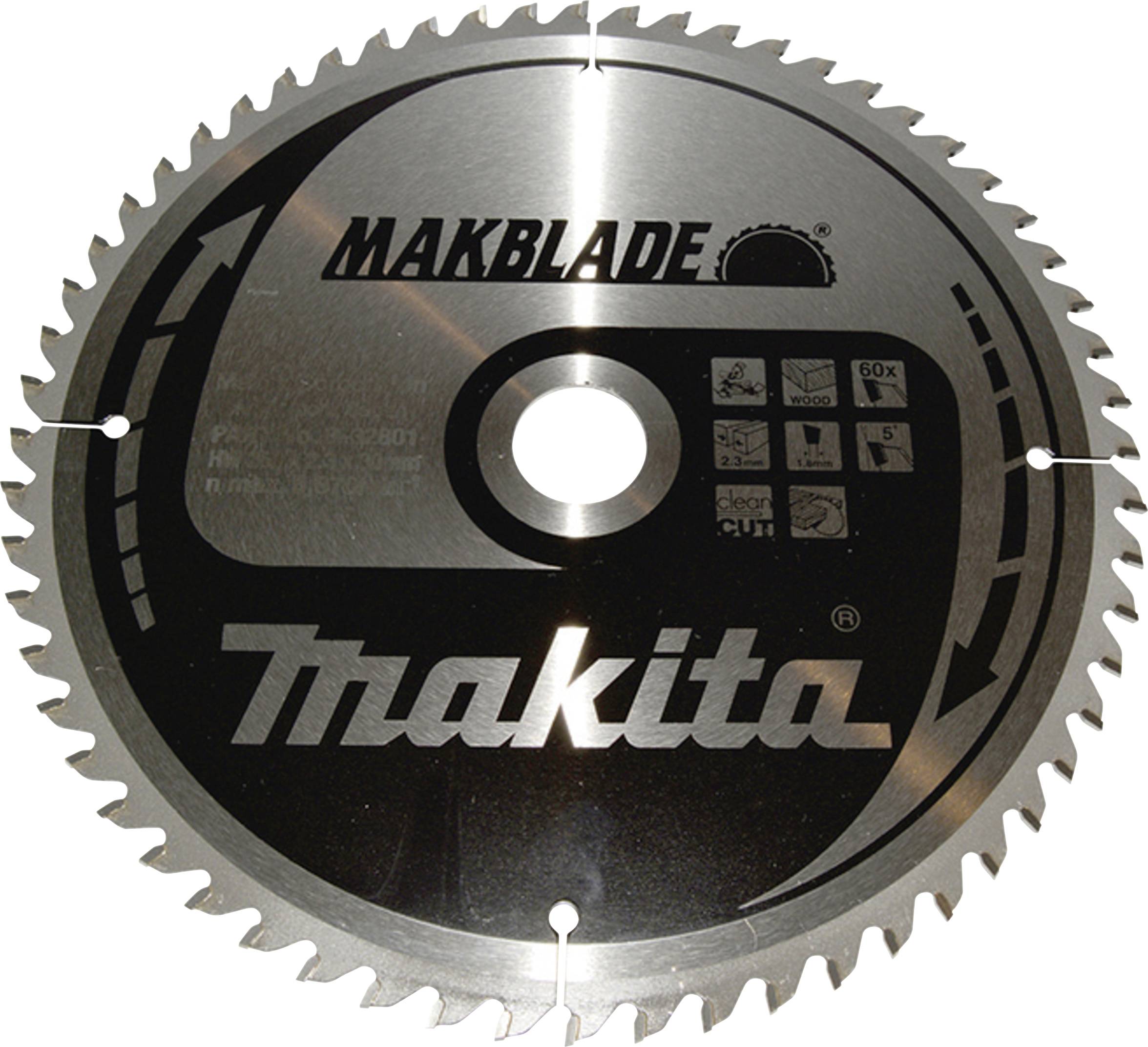 Lame de scie circulaire portant l'inscription 'Makblade Makita', adaptée pour le bois, illustrée avec des symboles représentant différents types de coupes.