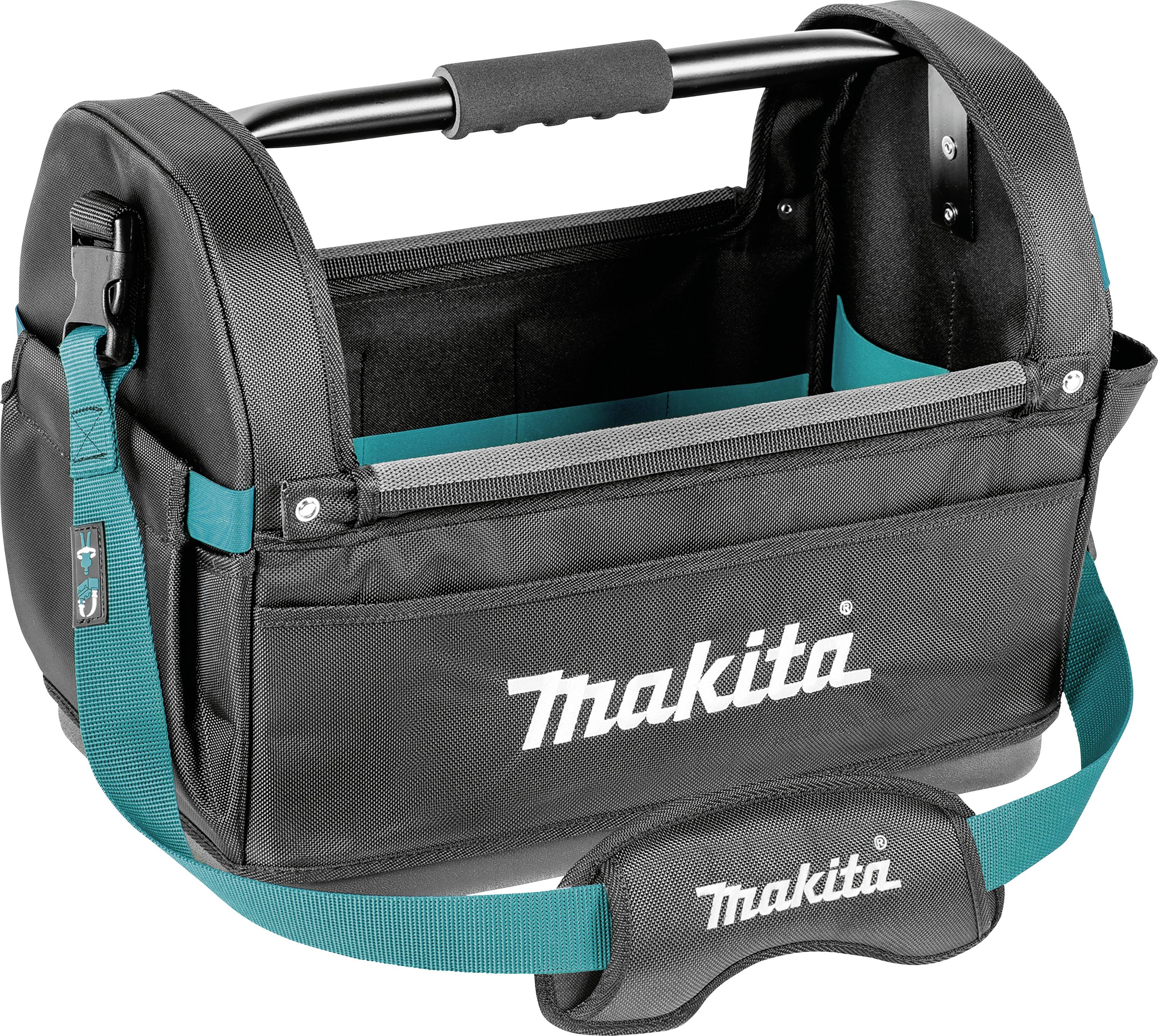 Un sac à outils noir avec une sangle bleue. Le sac est ouvert et montre beaucoup d'espace de rangement. Sur le devant est inscrit 'Makita'.