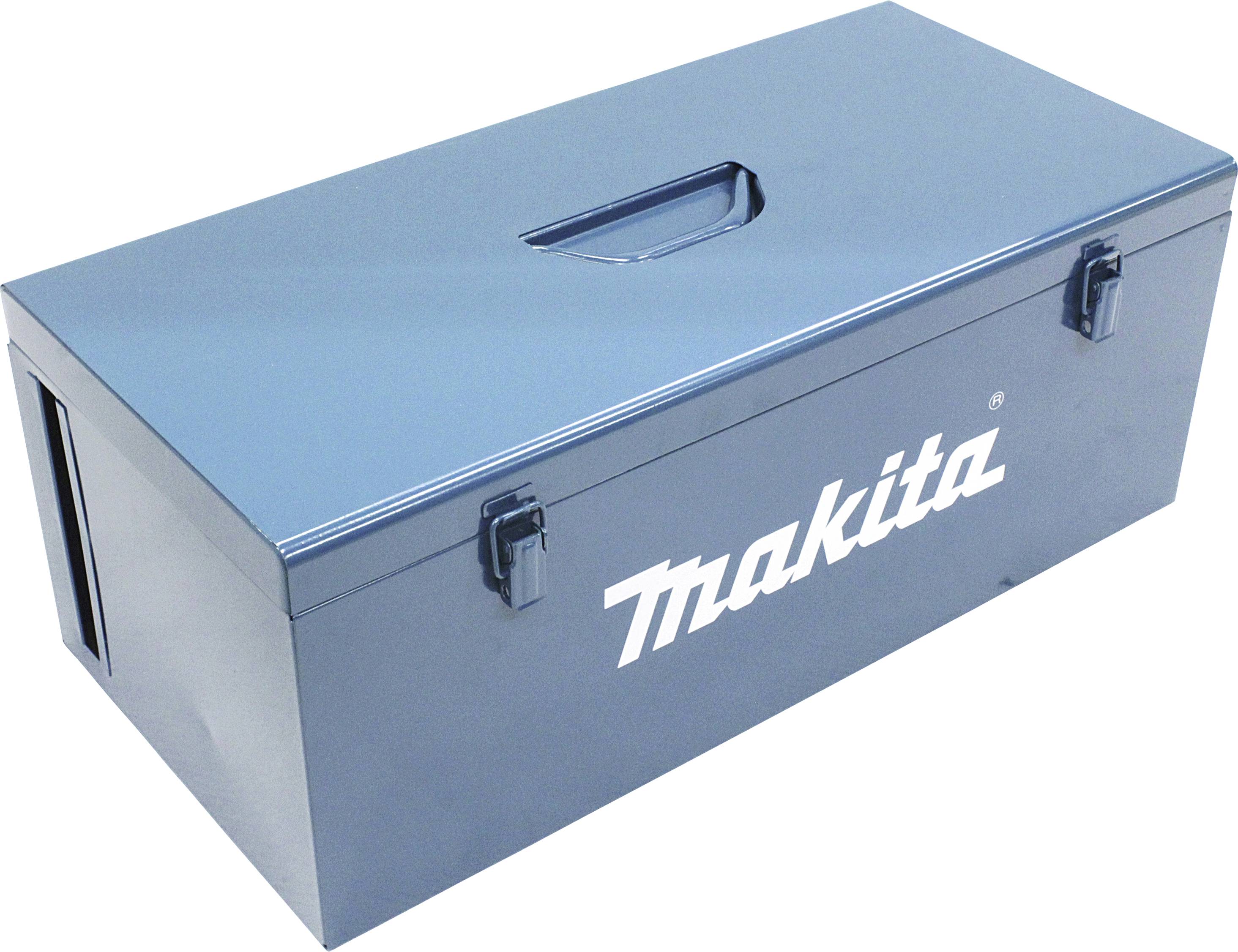 Boîte à outils bleue avec poignée de transport et inscription 'Makita' en blanc, fermée.