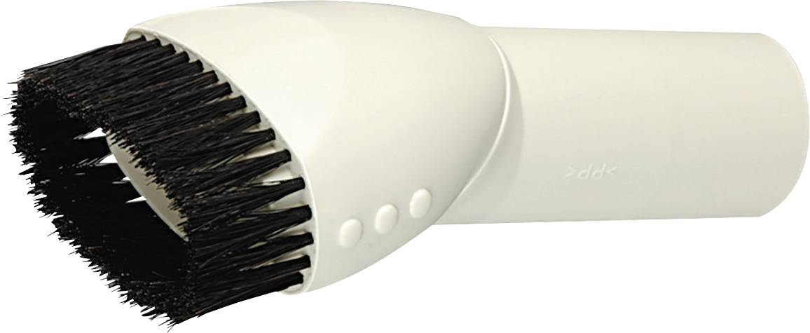 Brosse d'aspirateur blanche avec des poils noirs, adaptée pour enlever la poussière des surfaces délicates.