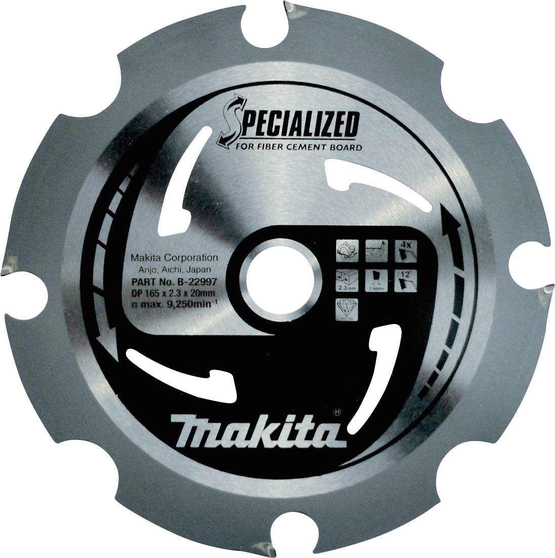 Lame de scie circulaire avec inscription 'Spécialisée pour panneau de fibrociment', compatible avec les appareils Makita, diamètre 165 x 20 mm.