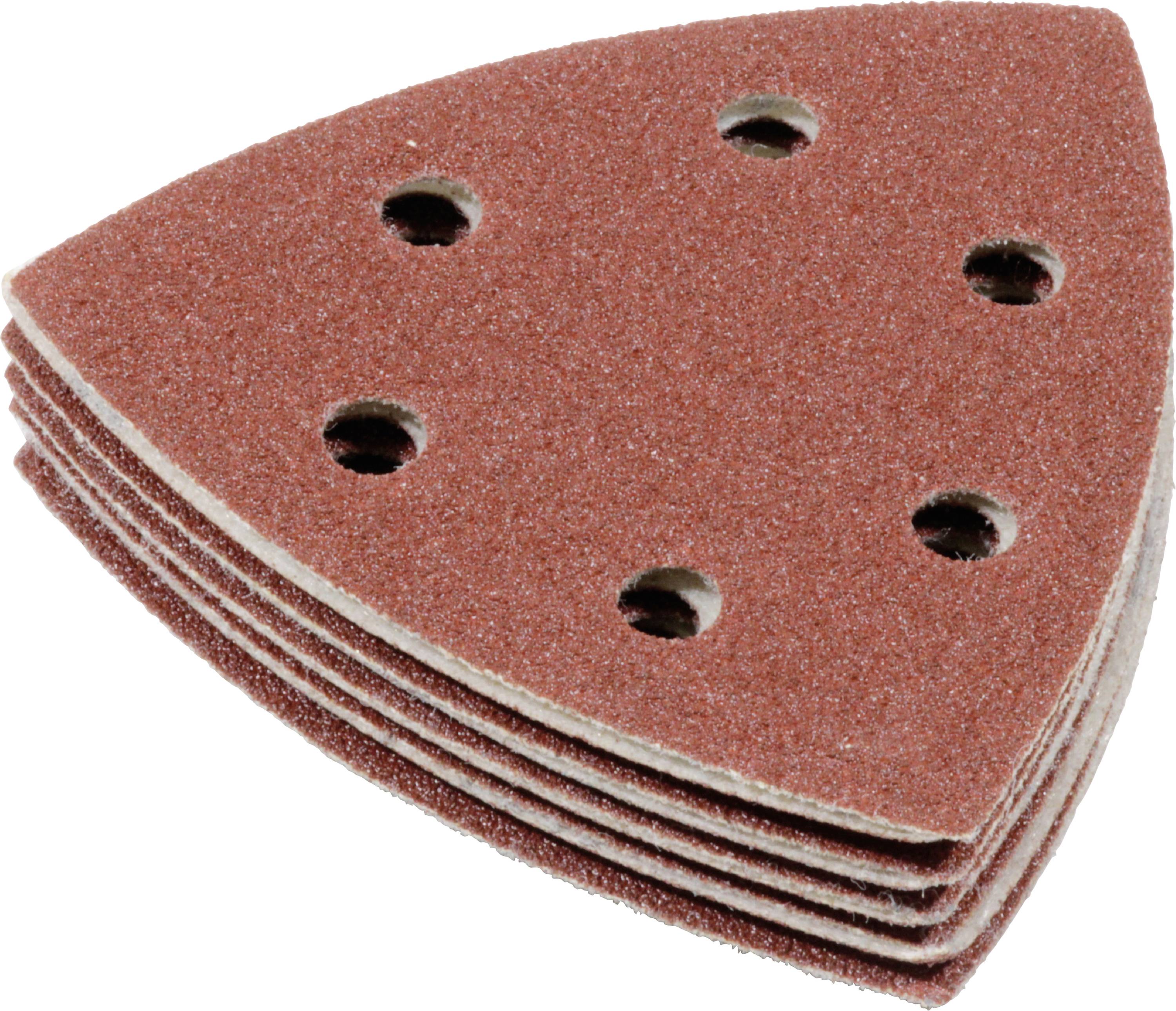 Une pile de papiers abrasifs triangulaires rouges à six trous, utilisés pour des machines de ponçage manuelles.