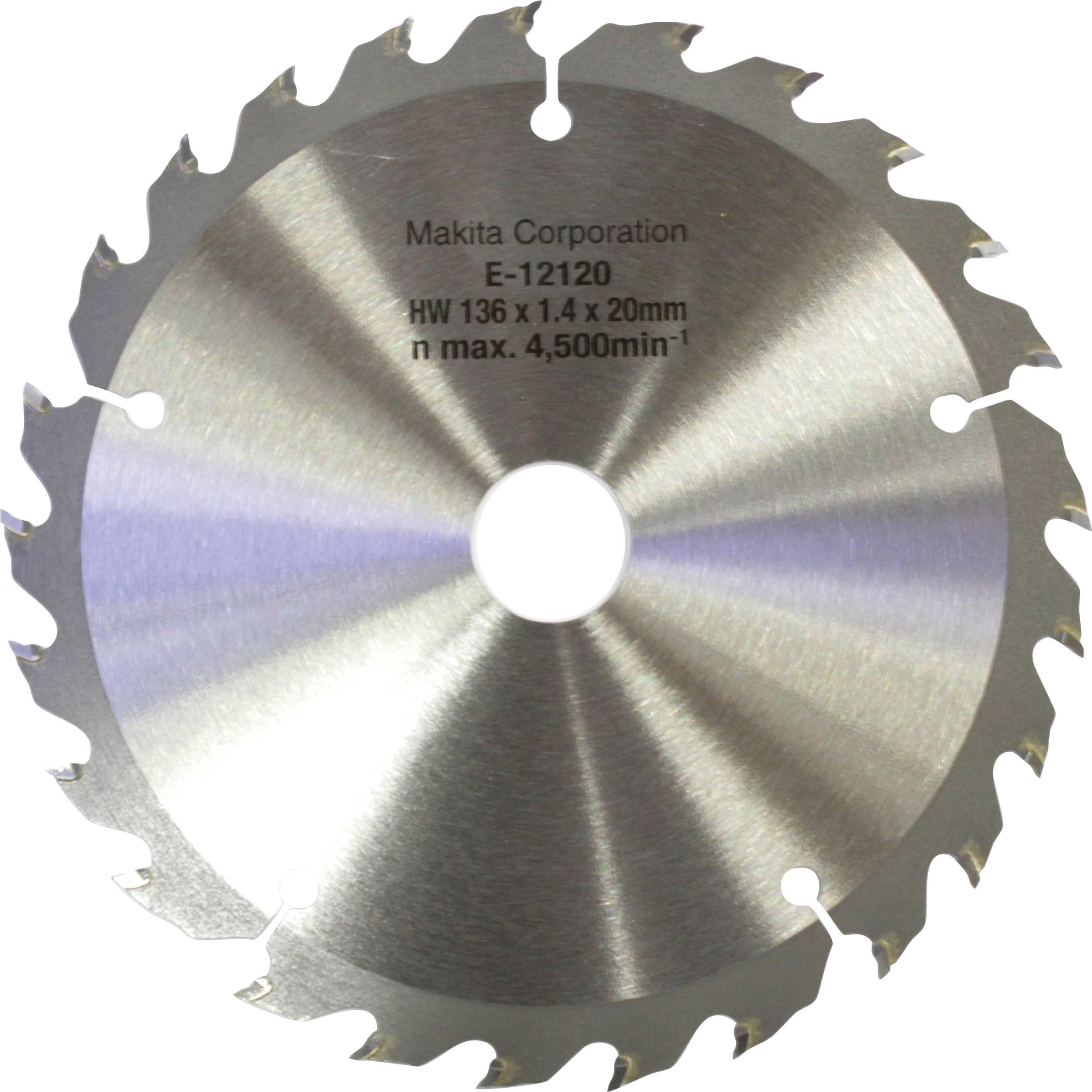 Lame de scie à 14 dents, marquage : Makita Corporation, E-12120, HW 136 x 1,4 x 20 mm, n max. 4 500 min⁻¹.
