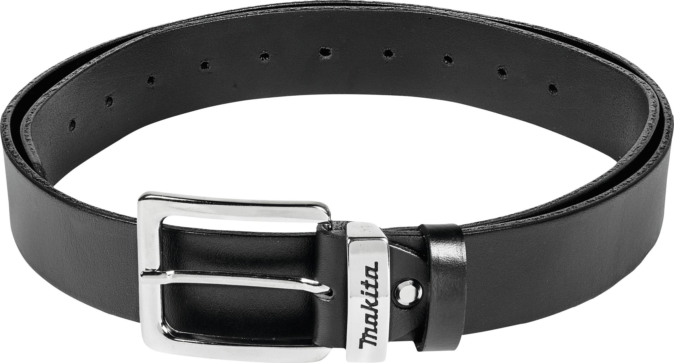 Ceinture en cuir noir avec boucle en métal argenté, nom de marque 'Makita' sur la passant.