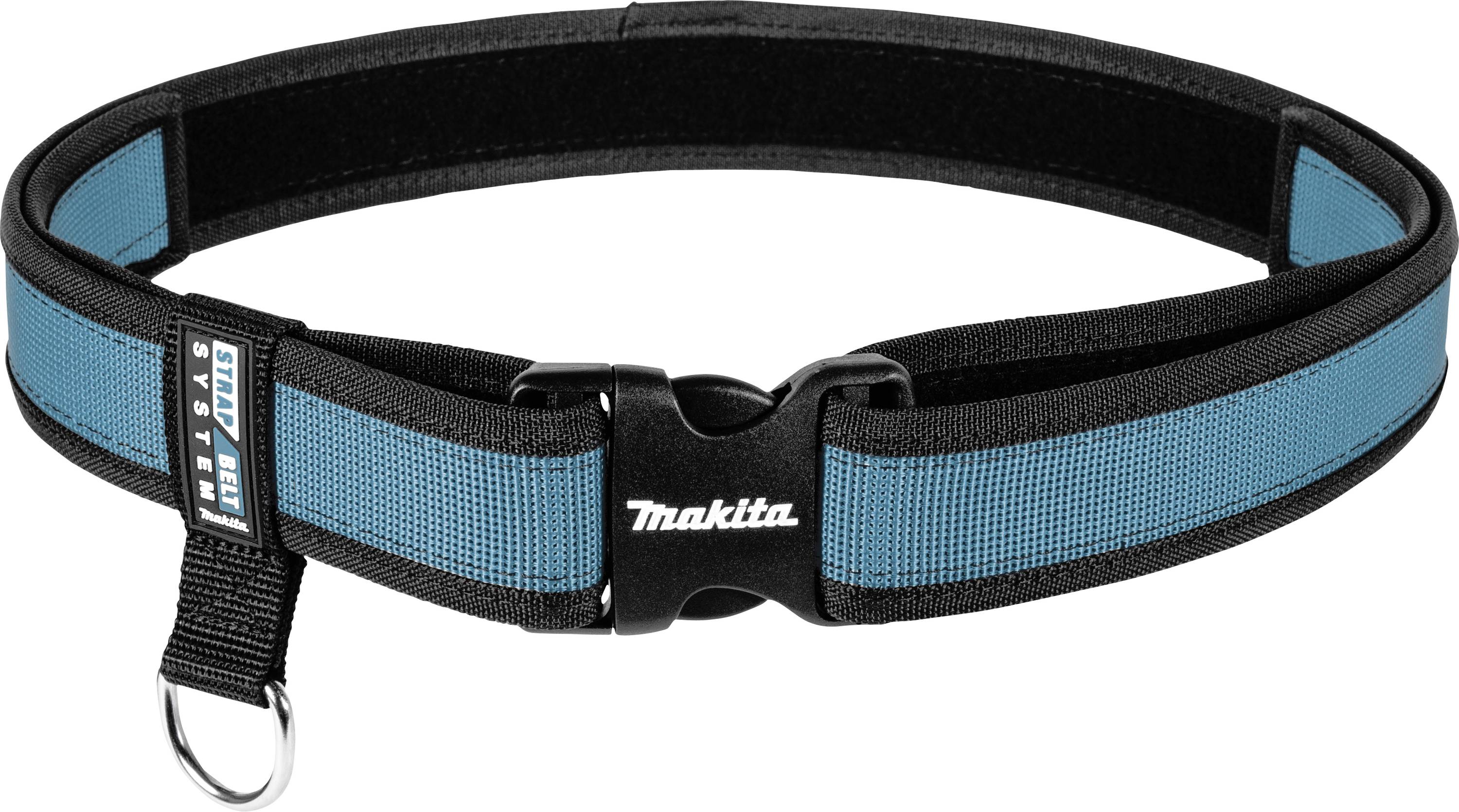 Ceinture à outils en bleu et noir avec anneau en D et boucle, adaptée pour fixer des outils de travail et des accessoires.