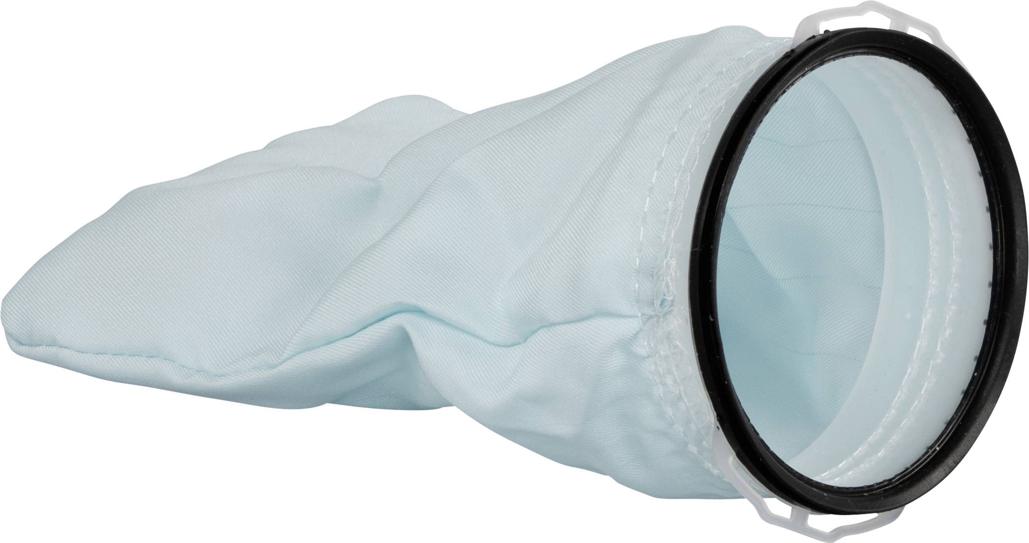 Sac filtrant bleu clair, de forme allongée, avec un bord noir, utilisé pour la filtration dans divers domaines industriels.