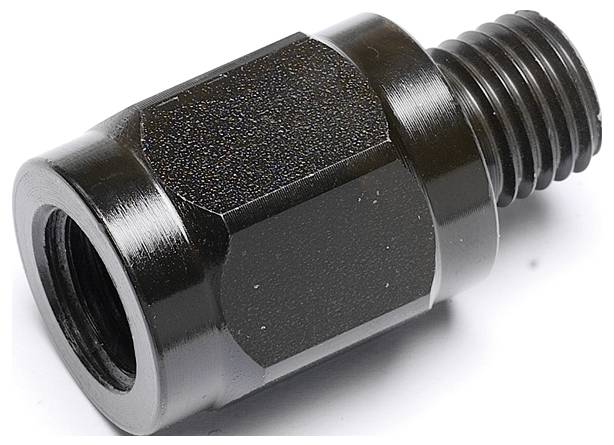 Un adaptateur noir brillant avec un filetage externe à une extrémité et un raccord à six pans creux à l'autre extrémité.