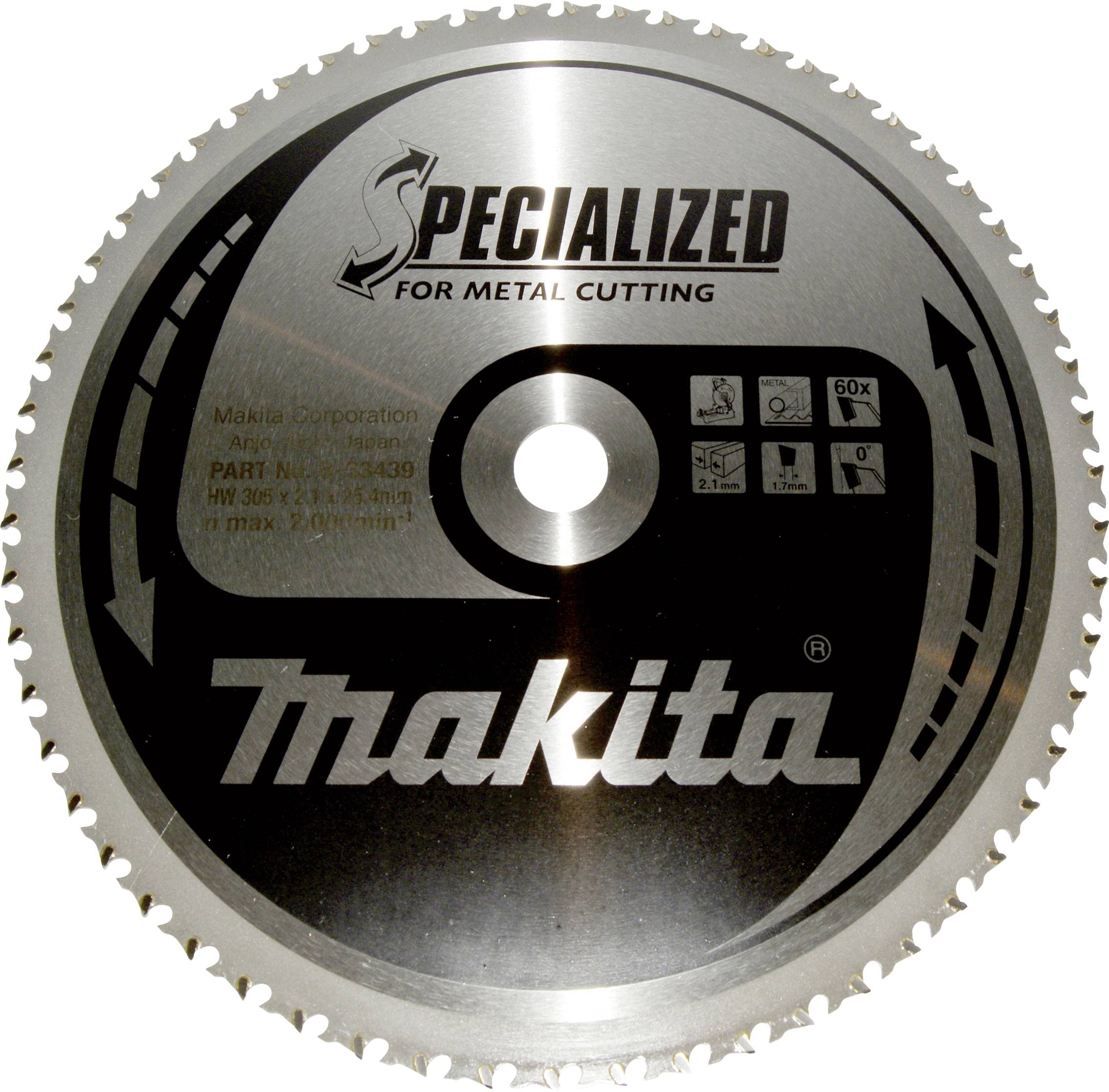 Lame de scie circulaire Makita 'Spécialement pour la coupe de métal', affichant des symboles de sécurité et des spécifications telles que 305x25,4 mm, 60 dents.