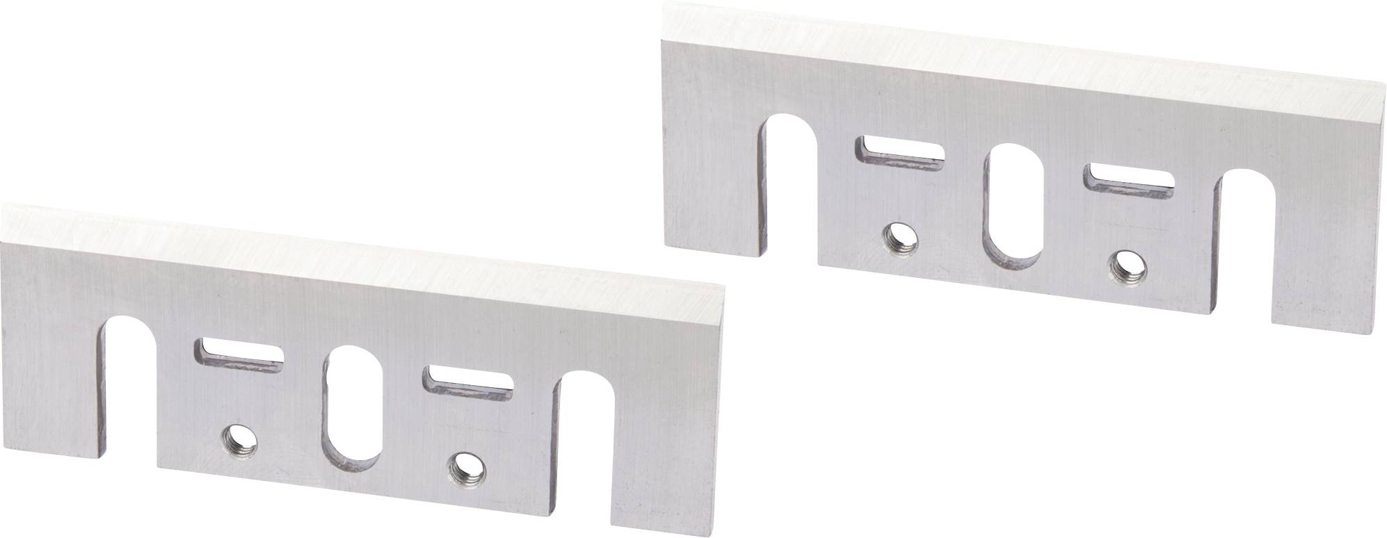 Zwei silberne Metallhalterungen mit mehreren Schlitzen und Löchern zur Befestigung.