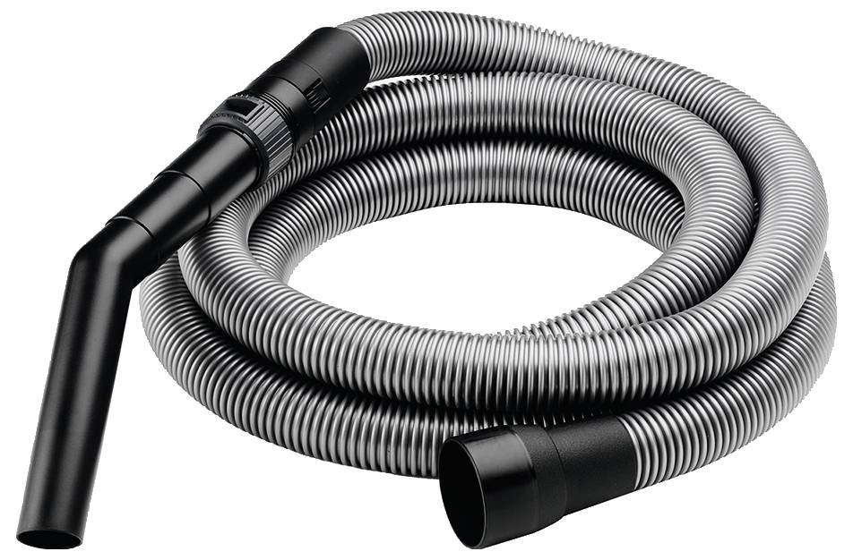 Un tuyau d'aspirateur gris avec des extrémités noires, enroulé, sur fond blanc.