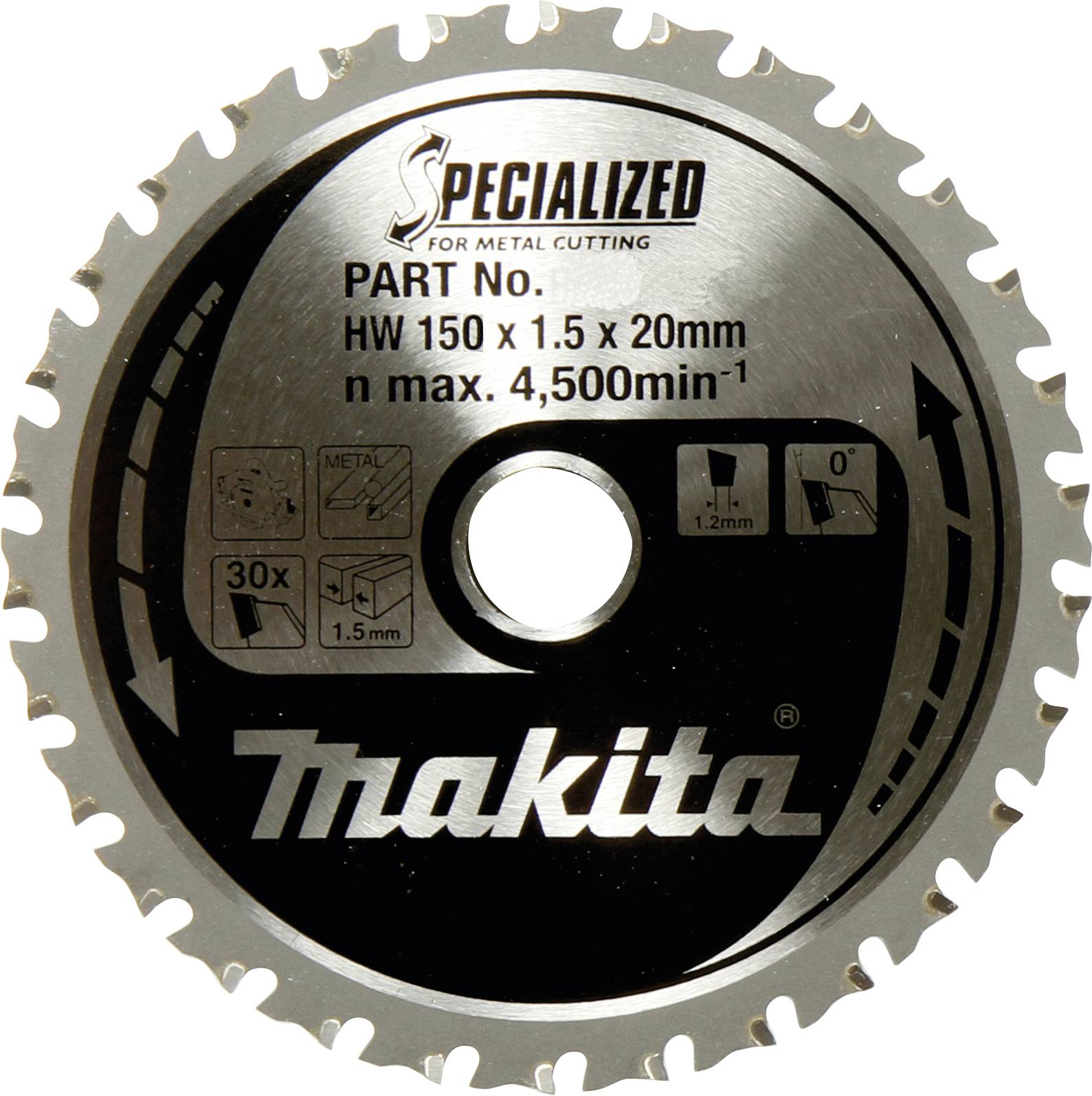 Lame de scie Makita, spécifiée pour la coupe de métal. Taille : HW 150 x 1,5 x 20 mm, max. 4 500 min⁻¹, 30 dents.