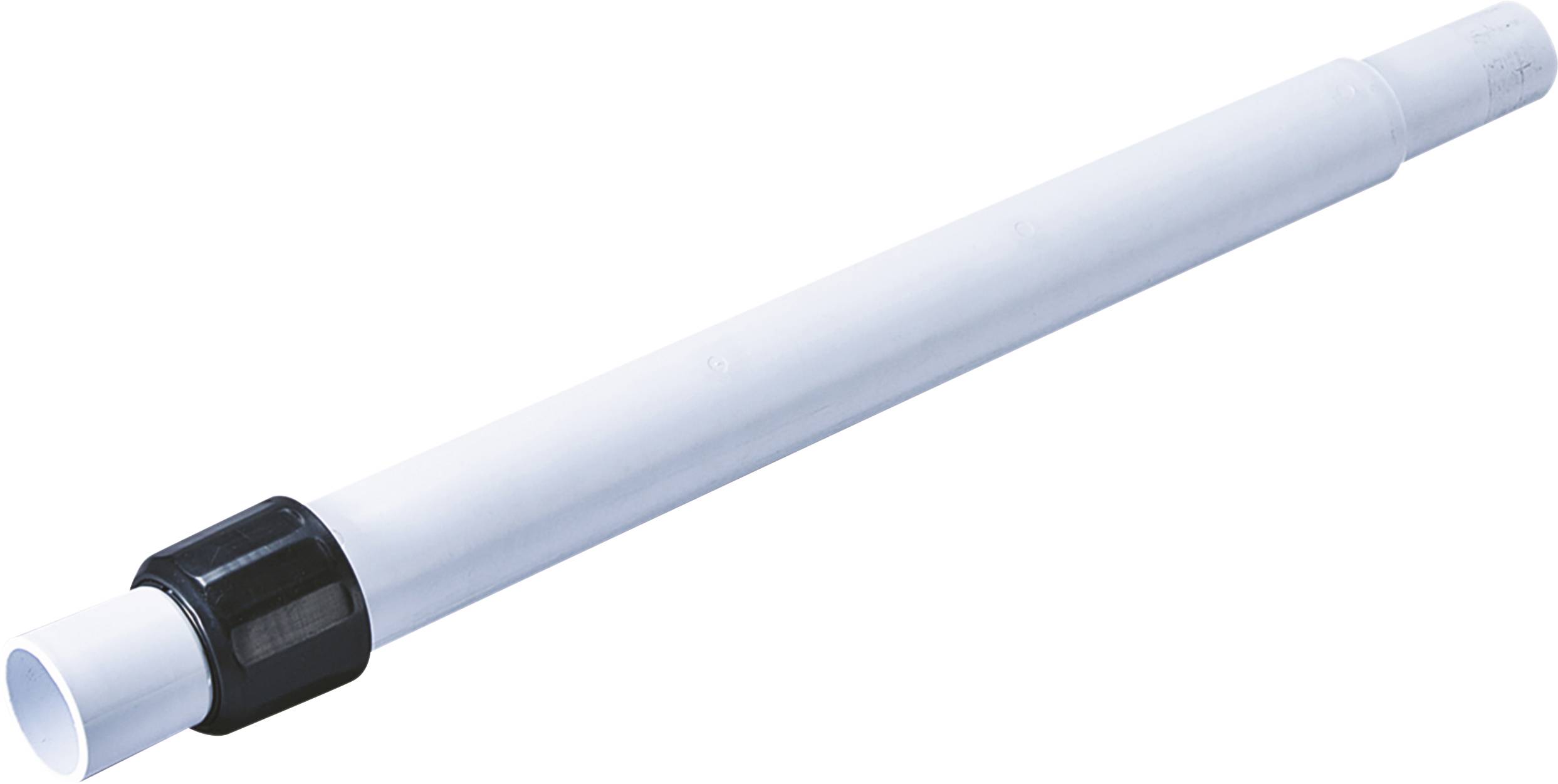 Long tuyau blanc en plastique avec un élément de raccordement noir. Utilisable pour les systèmes de tuyauterie ou les installations.