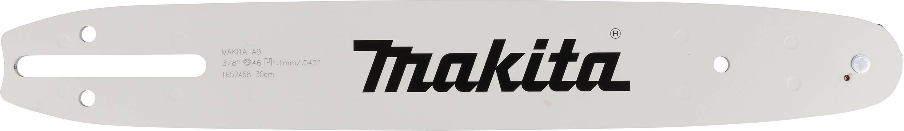 Rail métallique portant l'inscription 'Makita', probablement partie d'un ensemble de tronçonneuse.