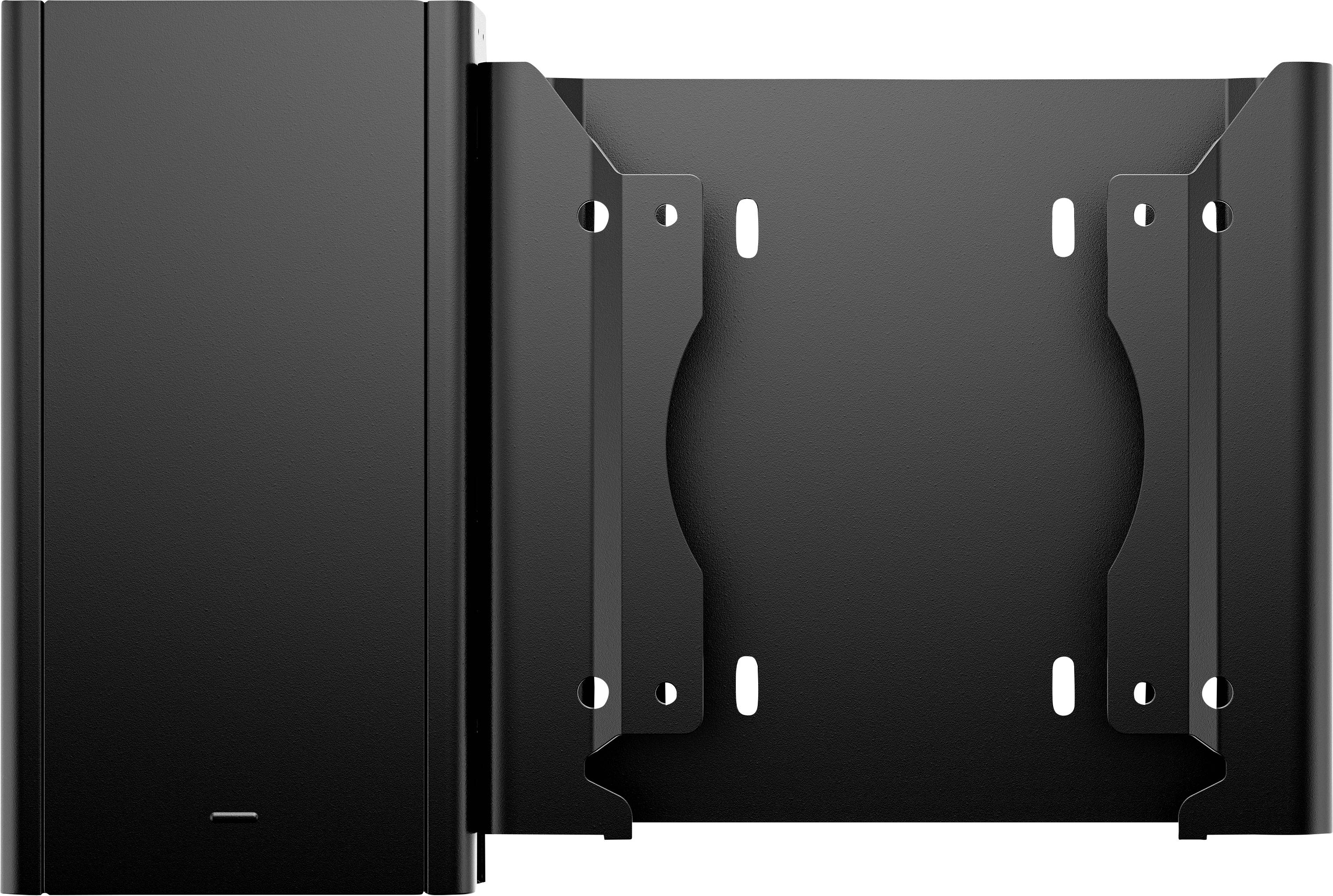 Support de fixation murale noir conçu pour maintenir fermement un appareil, doté de fentes et de trous permettant des options de fixation flexibles.