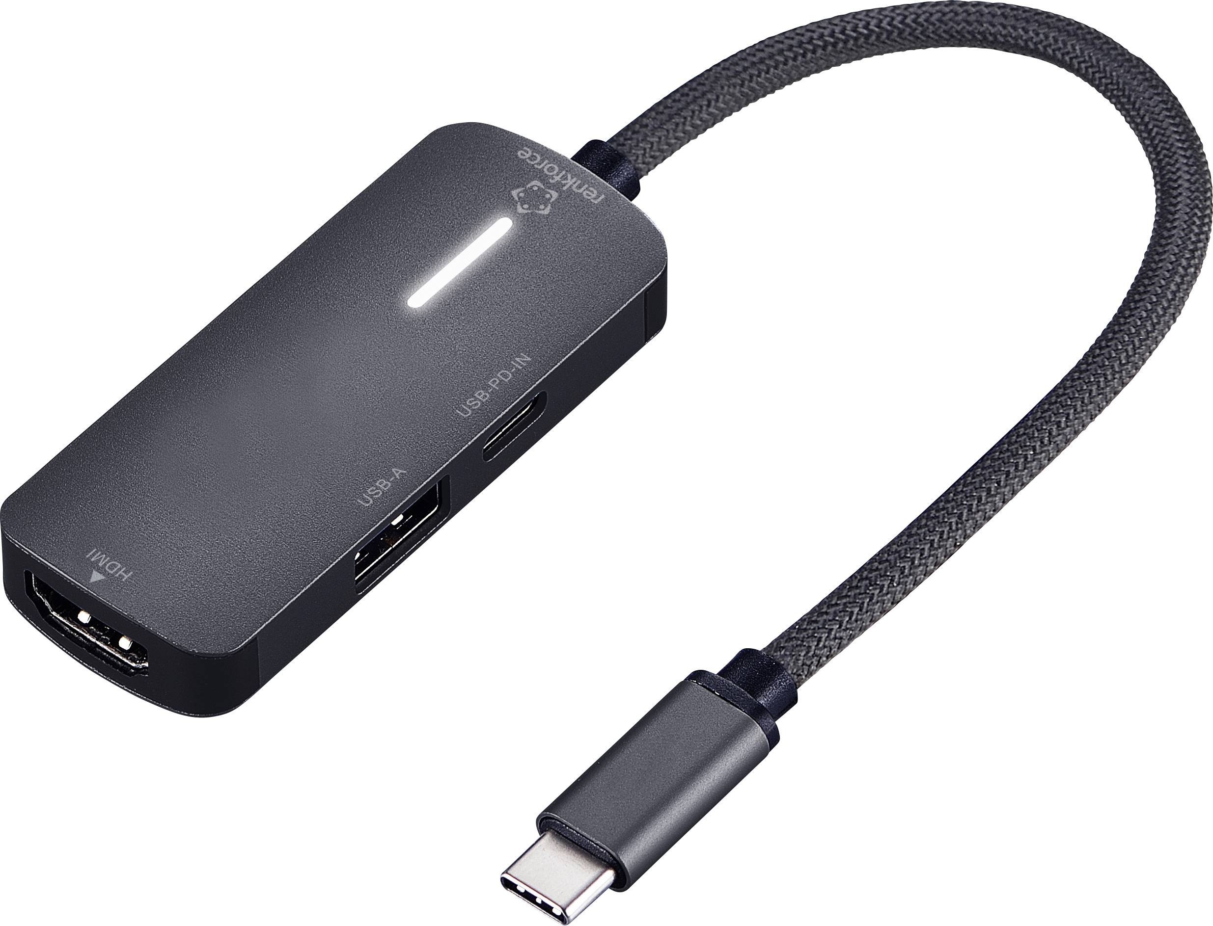 Un hub USB-C noir avec des ports HDMI, USB-A et USB-C, doté d'un câble tressé pour plus de durabilité.