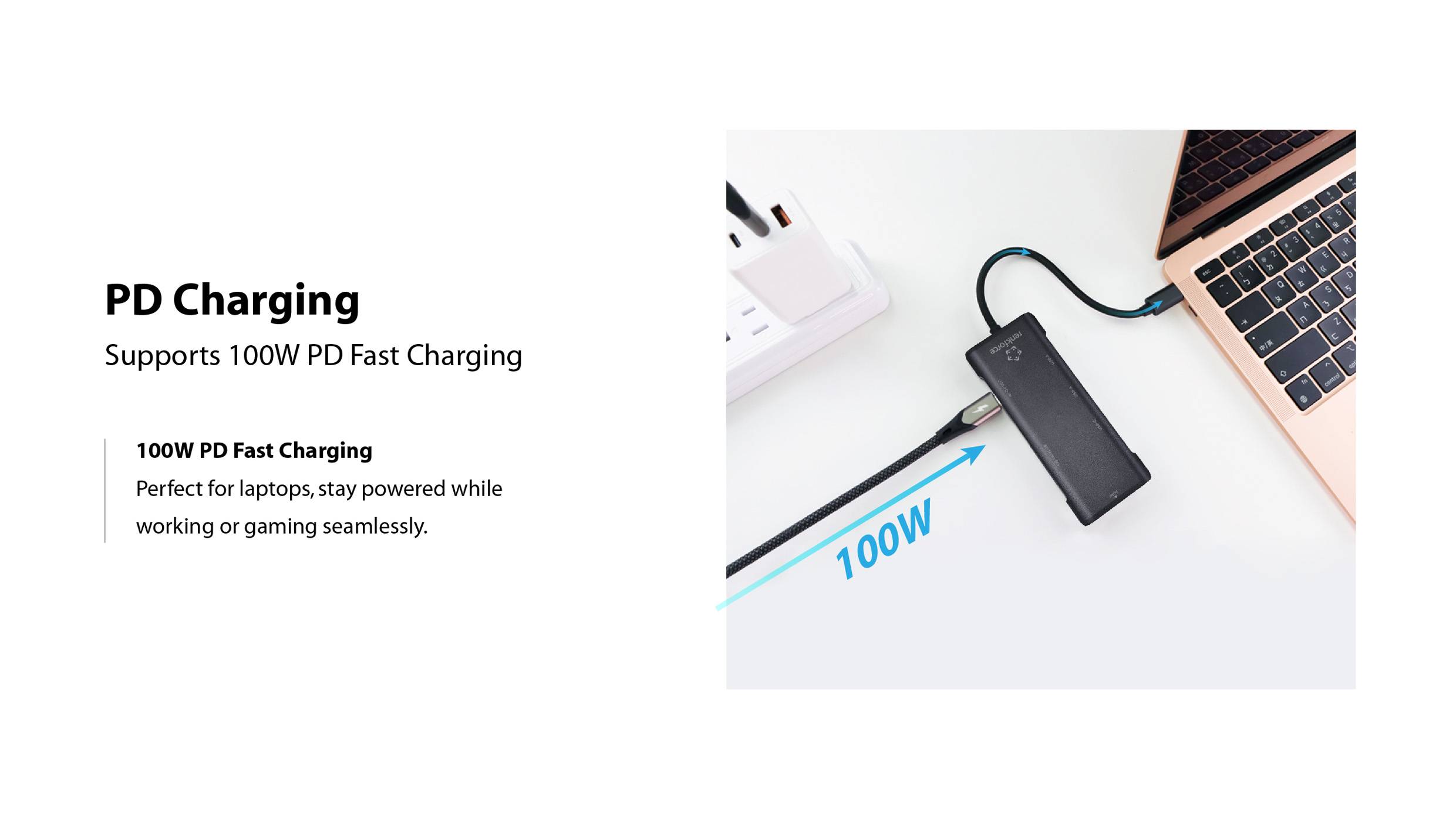 La section « Charge PD » montre une batterie externe connectée à un ordinateur portable, mettant en avant la « Charge rapide PD 100W » adaptée aux ordinateurs portables.