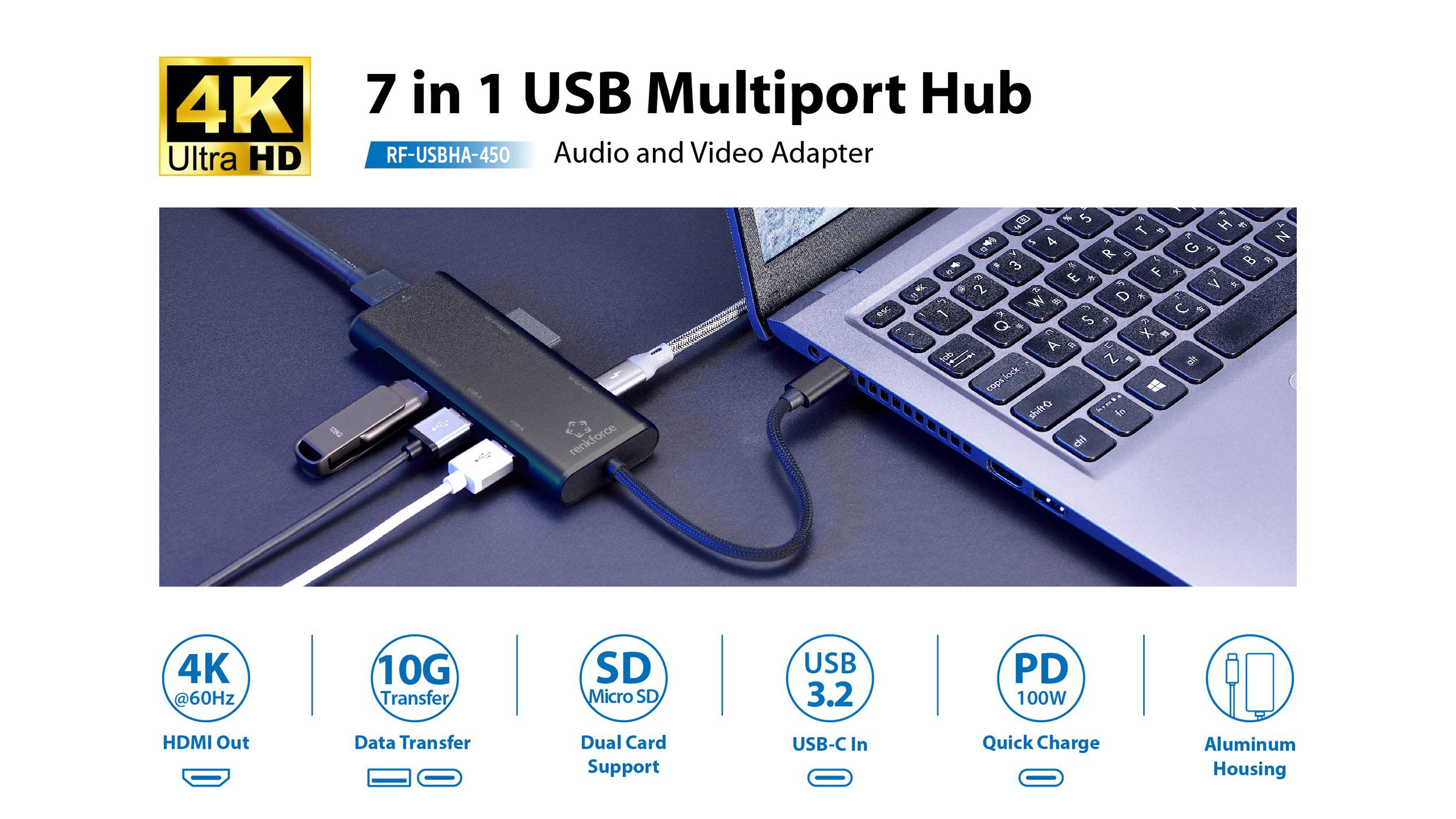 Hub multiport USB 7 en 1 connecté à un ordinateur portable, doté de ports HDMI, transfert de données, SD, USB 3.2, USB-C, avec fonction de charge et boîtier en aluminium.