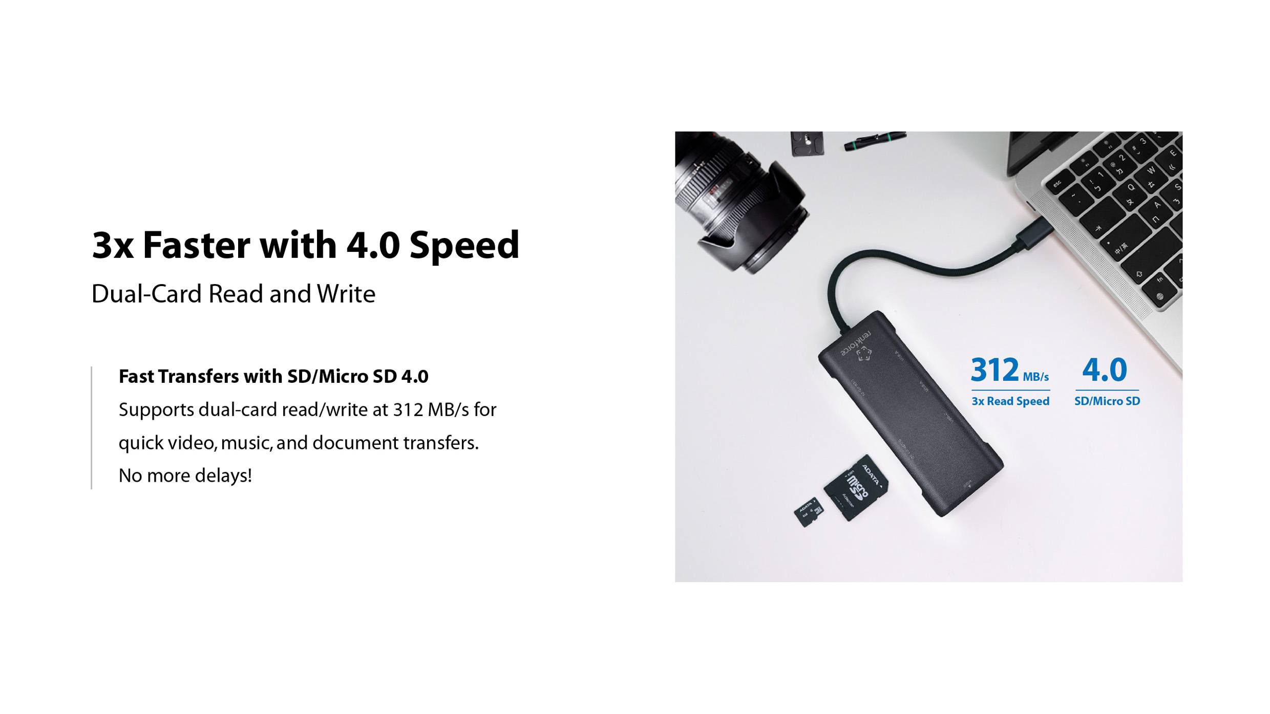 Ordinateur portable avec lecteur de carte SD, câble connecté ; à côté, une carte SD démontée. Texte : « 3 fois plus rapide avec une vitesse 4.0, 312 Mo/s »