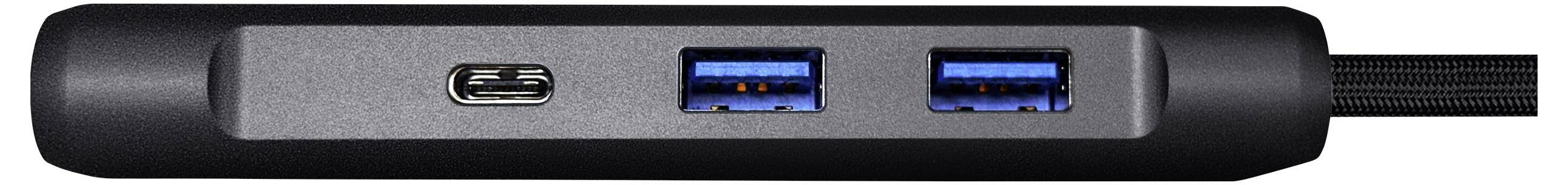 Un hub USB noir avec un port USB-C et deux ports USB-A.
