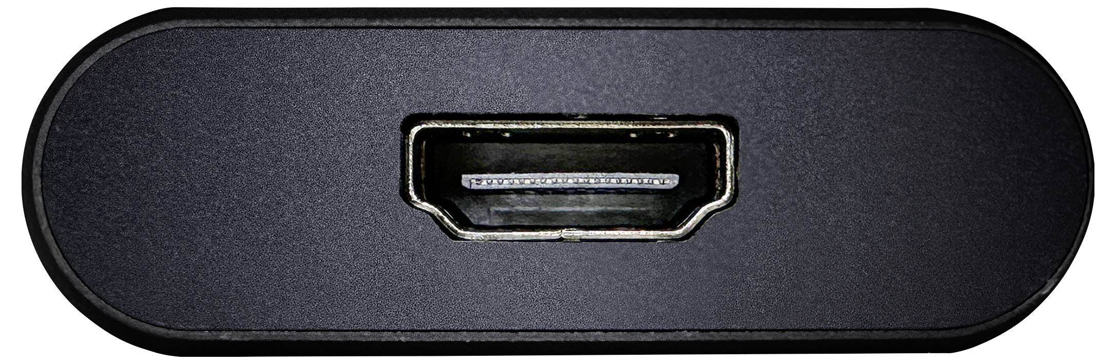Image de détail d'une connexion HDMI, rectangulaire et métallique, sur un fond noir.