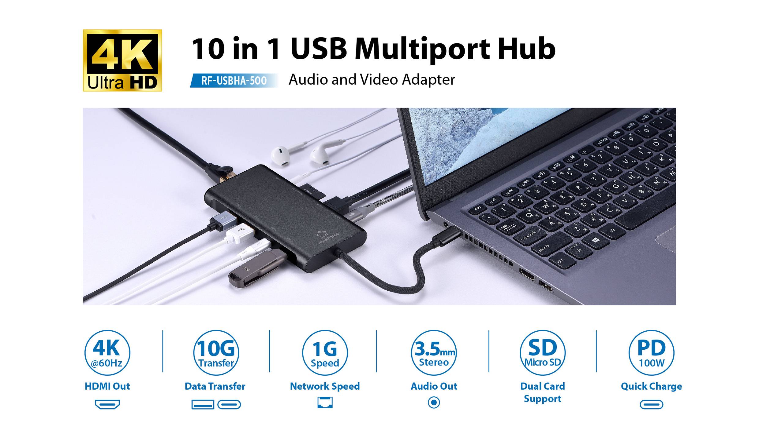 Hub USB multiport 10 en 1 connecté à un ordinateur portable, avec plusieurs ports : HDMI, transfert 10G, vitesse 1G, sortie audio, carte SD, charge rapide PD.