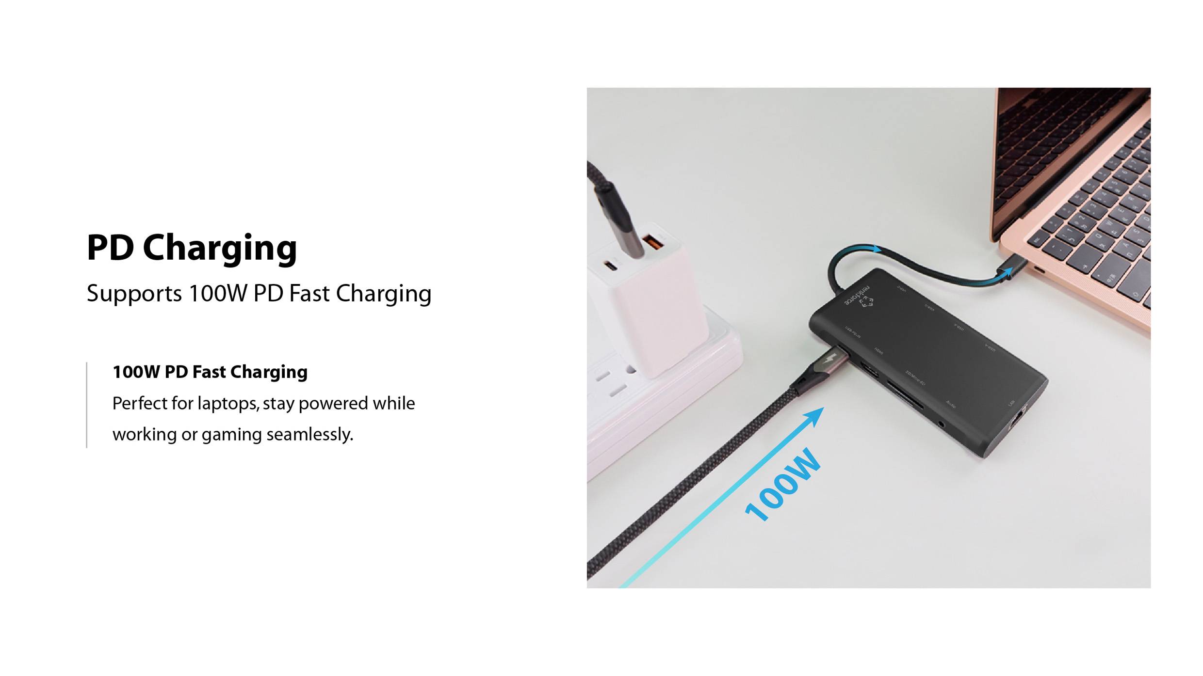 Un ordinateur portable connecté à une batterie externe à l'aide d'un câble, démontrant une capacité de charge rapide de 100W PD pour un travail ou une session de jeu sans interruption.