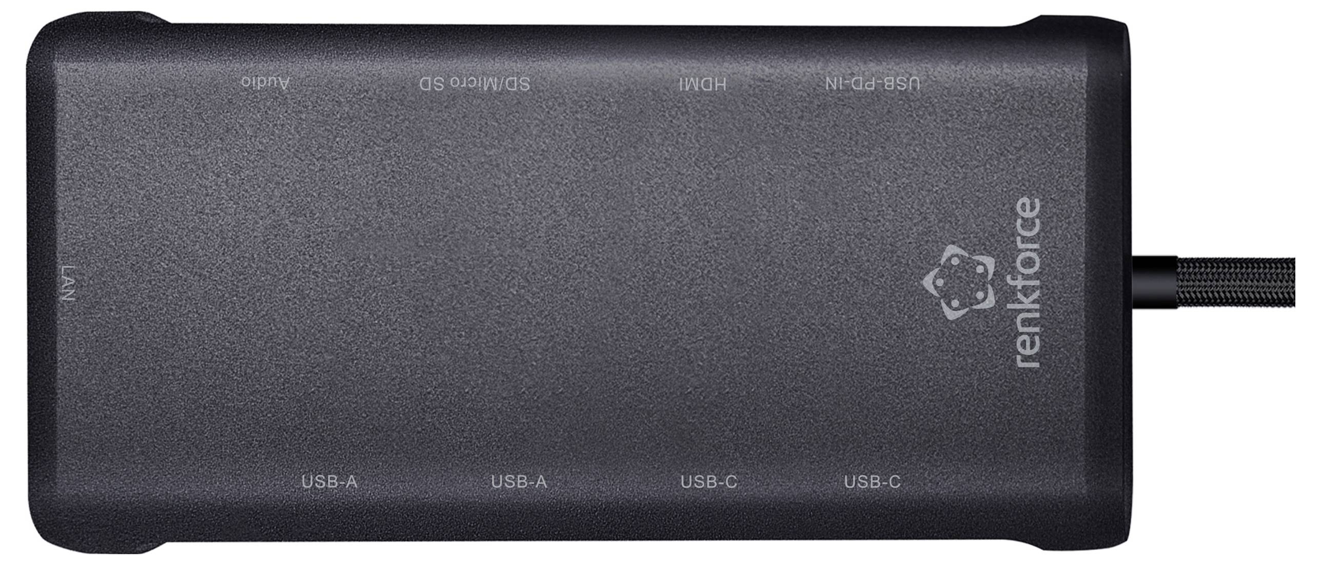Une station d'accueil Renkforce noire avec port USB-C, comportant plusieurs ports dont USB-A, USB-C, HDMI et des emplacements pour carte SD sur son côté.