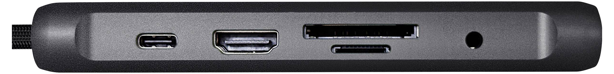 Un adaptateur noir avec des ports : USB-C, HDMI, lecteur de cartes et port audio. Conçu pour une connectivité avancée.