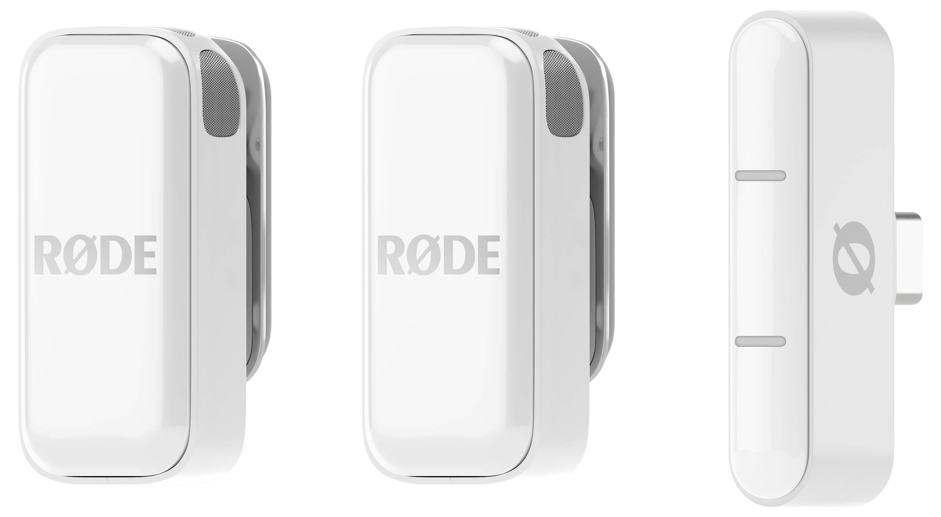 Trois adaptateurs de microphone blancs, deux présentant le logo 'RØDE' en façade, un montrant les points de connexion sur le côté, sur un fond neutre.
