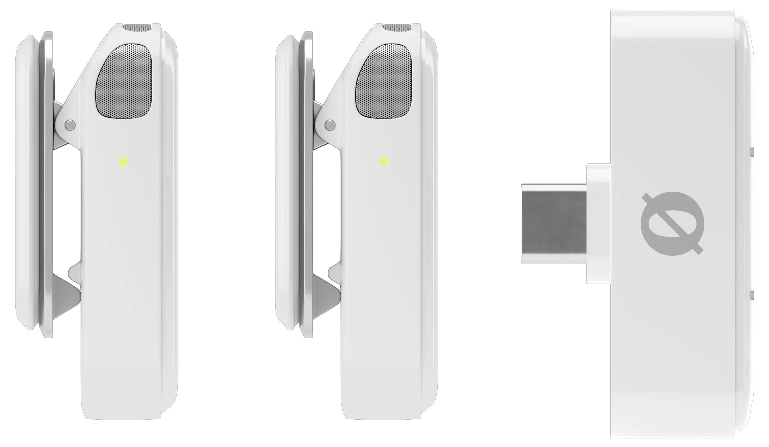Deux écouteurs sans fil blancs et un chargeur USB-C sur un fond blanc, avec des accents gris et un petit voyant vert.