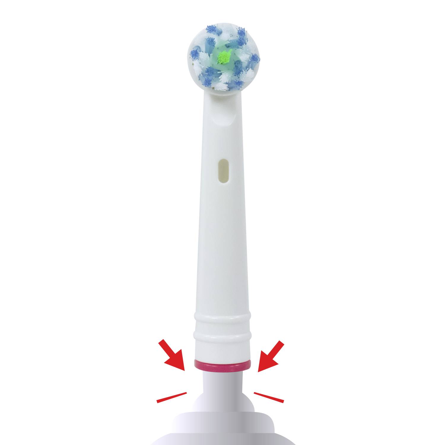 Embout de brosse à dents électrique avec tête de brosse ronde, mis en évidence par des flèches rouges.
