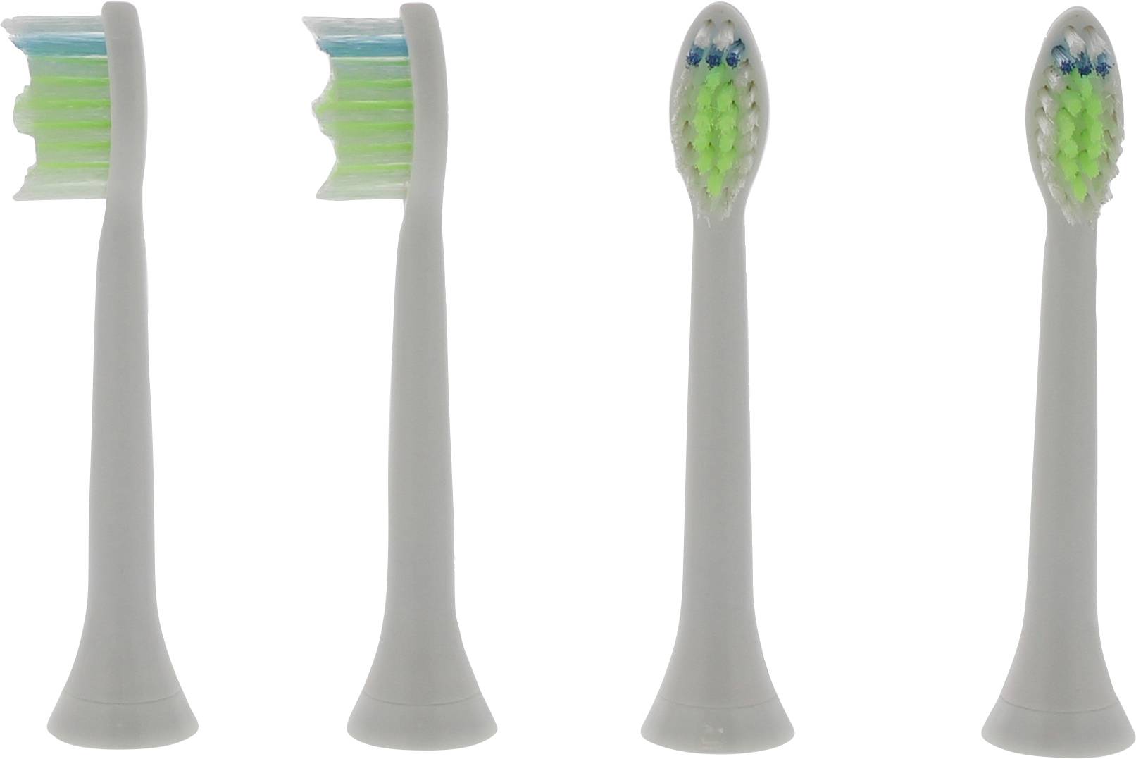 Quatre têtes de brosse à dents alignées, chacune avec des poils blancs et des marquages colorés indiquant différents stades d'usure.
