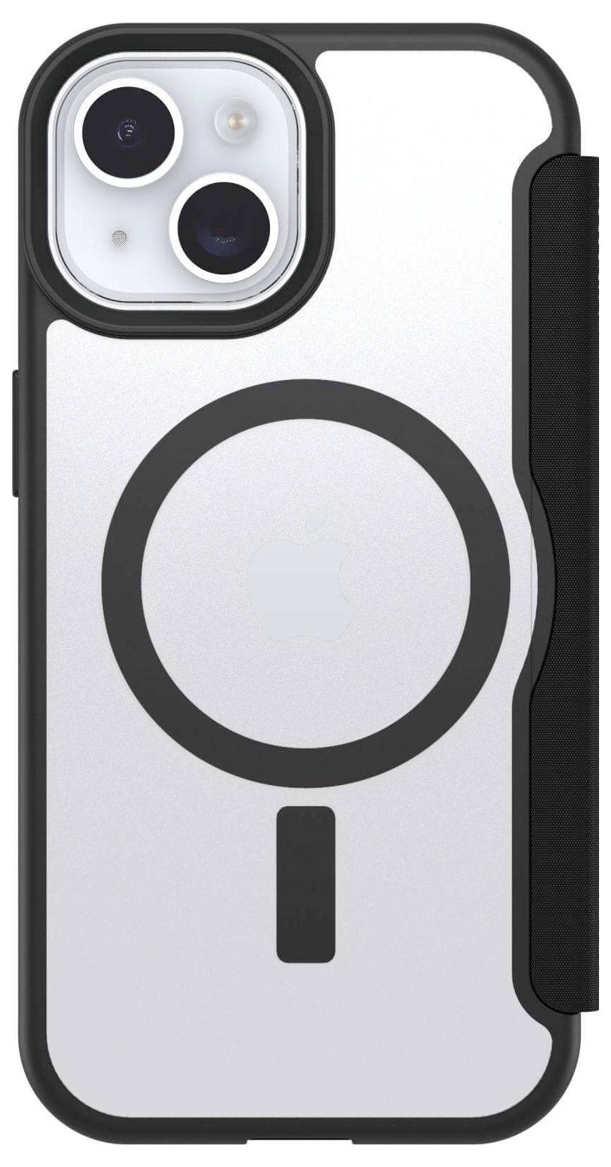 Une coque de téléphone avec un design magnétique circulaire à l'arrière, compatible avec les modèles équipés de deux objectifs photo dans le coin supérieur.