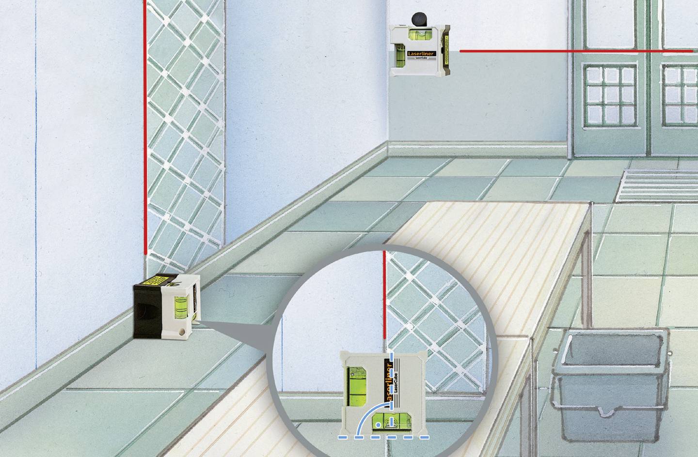 Appareil de mesure laser utilisant une lumière rouge pour le nivellement dans un angle de bâtiment, indiquant la mesure de la hauteur et de l'alignement.