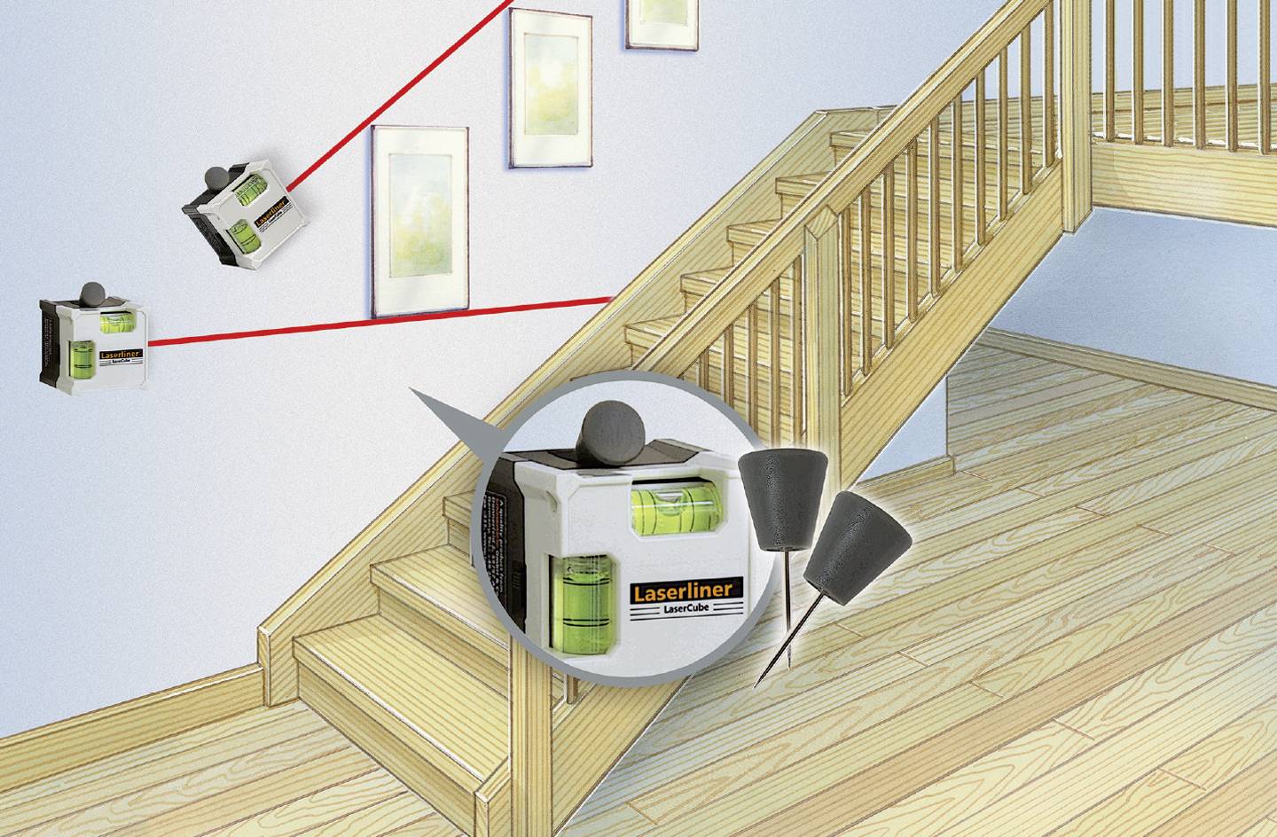 'Illustration d'un outil de niveau laser utilisé pour aligner parfaitement des images le long du mur d'un escalier.'