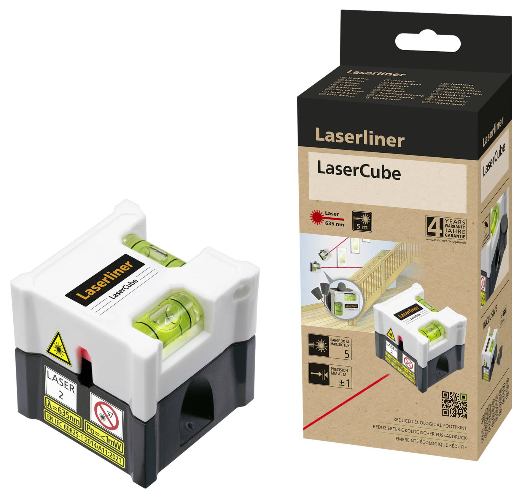 Un appareil de mesure laser à côté de son emballage. L'emballage présente des exemples d'utilisation et les spécifications techniques de l'appareil.